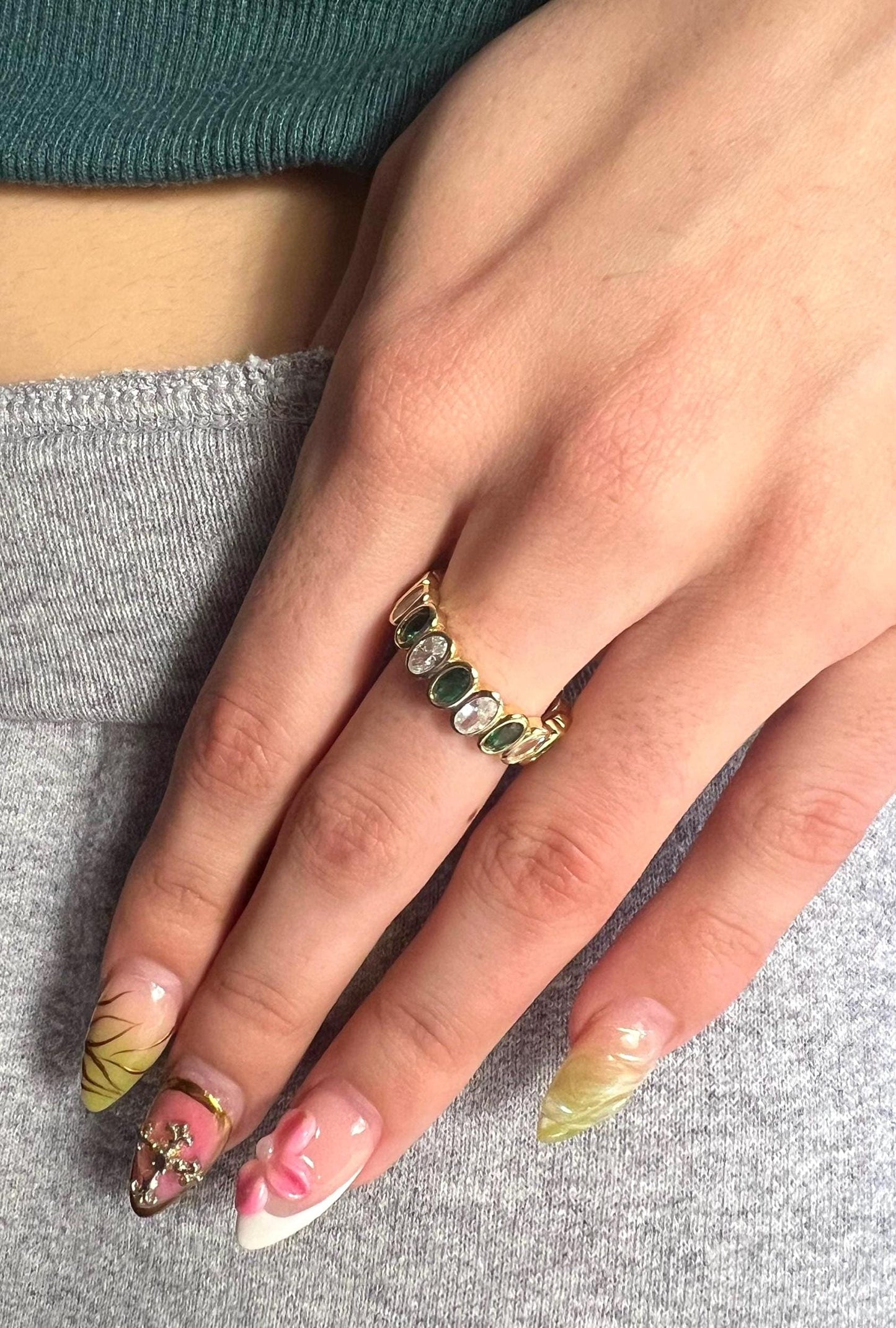 14K Gold Plated Emerald and CZ Eternity Ring,Oval Shape Cut Stacking Ring,Gemstone Band Ring,Gold Eternity Band,Wedding Band,Gold Band