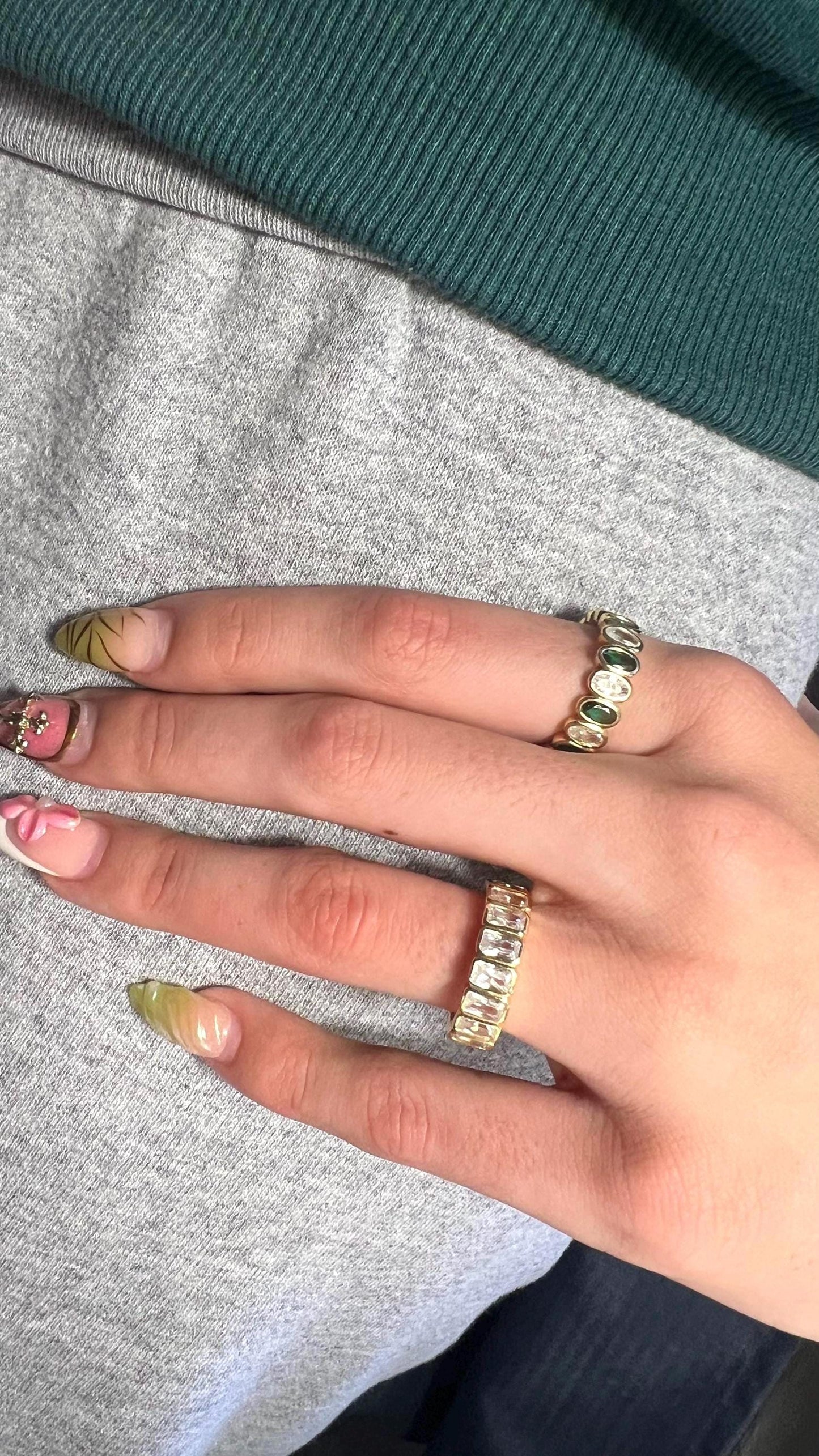 14K Gold Plated Emerald and CZ Eternity Ring,Oval Shape Cut Stacking Ring,Gemstone Band Ring,Gold Eternity Band,Wedding Band,Gold Band