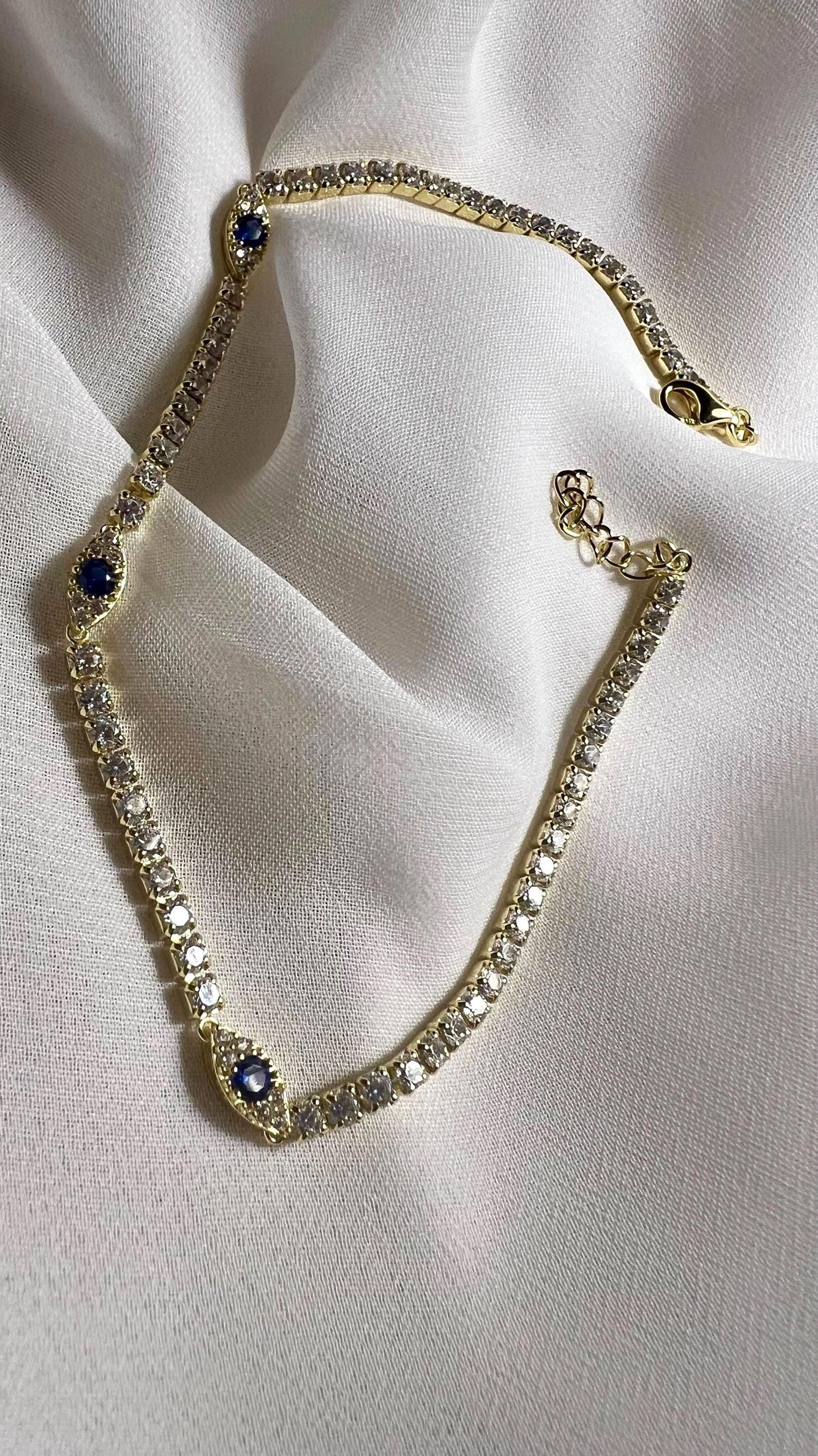 Gold Evil Eye Tennis Anklet: CZ Sterling Silver Summer Foot Jewelry, Ankle Bracelet