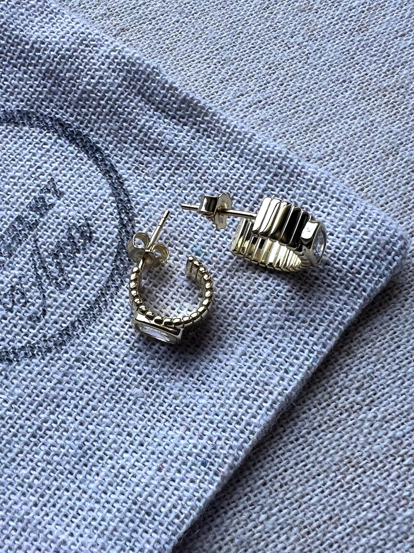 14k Gold Plated Ribbed Hoop Earrings: Dainty CZ Sterling Silver Hoops,Small everyday Earrings