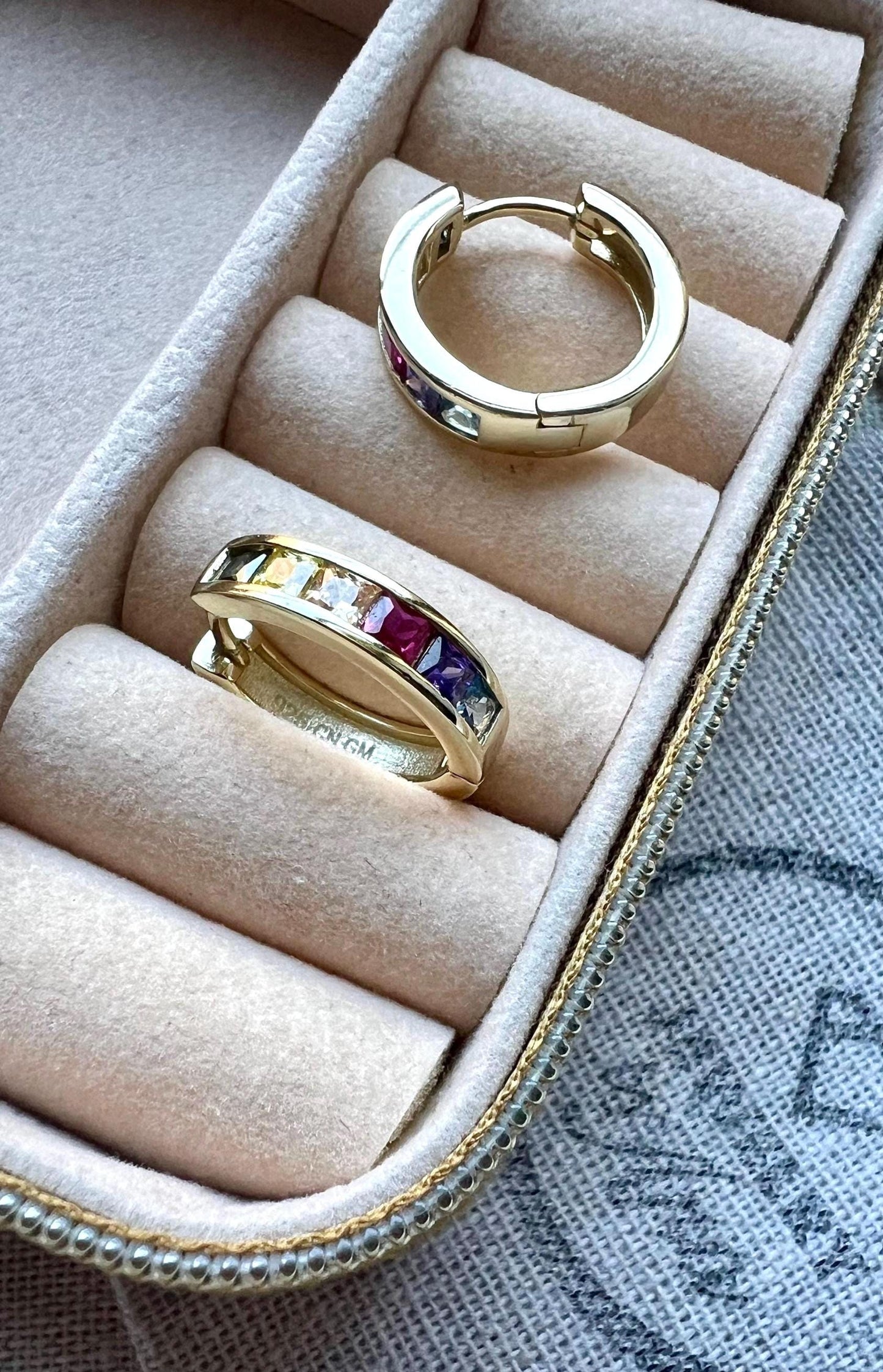 Rainbow CZ Huggie Earrings: 14K Gold Plated Sterling Silver