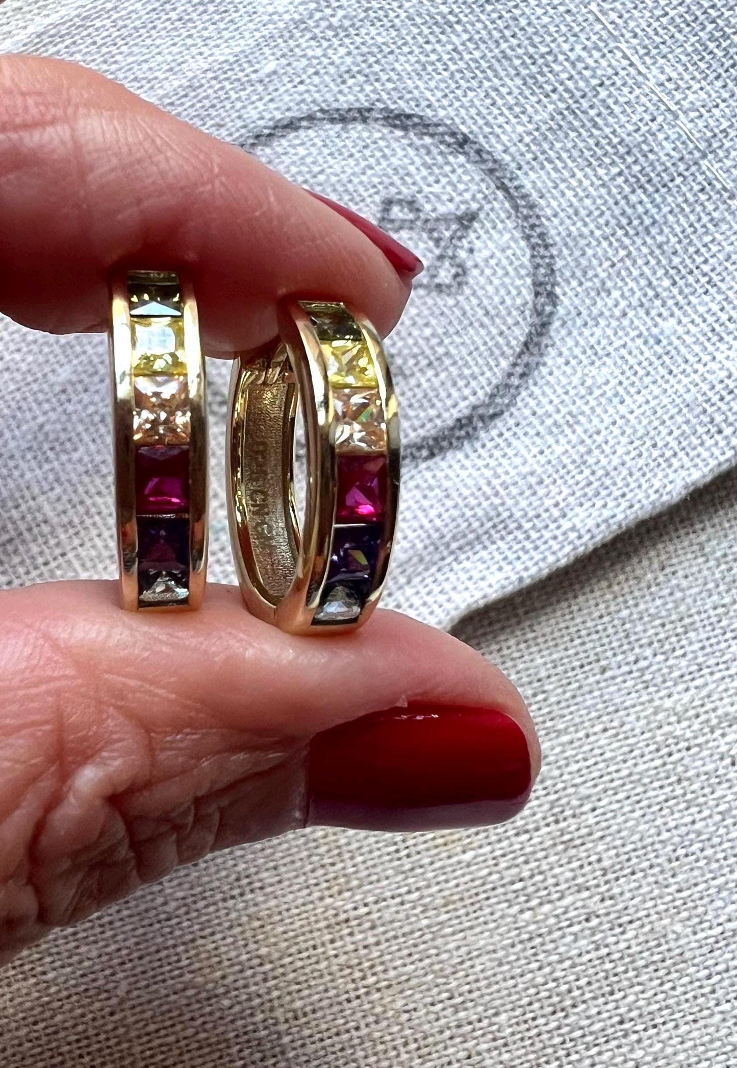Rainbow CZ Huggie Earrings: 14K Gold Plated Sterling Silver
