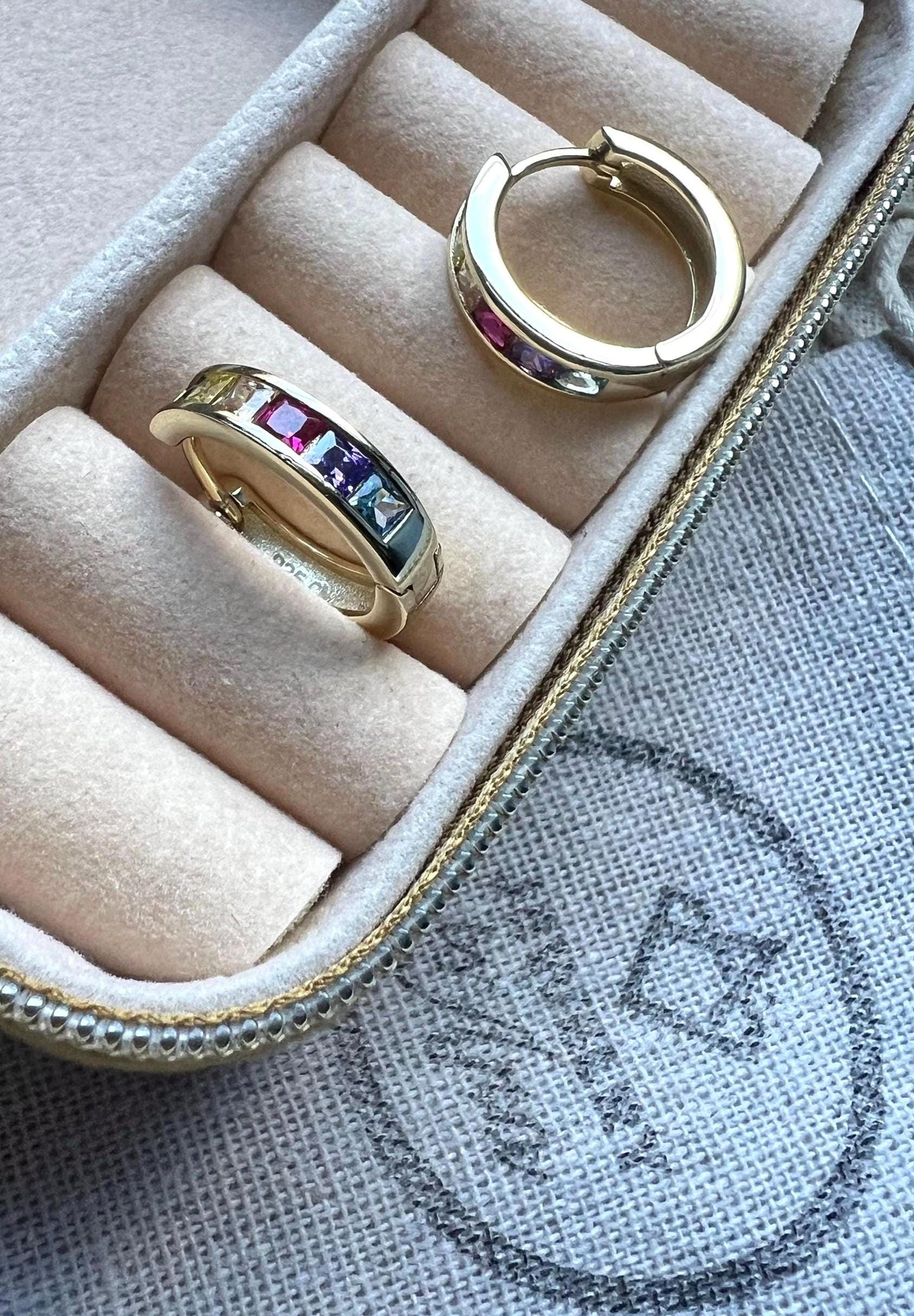Rainbow CZ Huggie Earrings: 14K Gold Plated Sterling Silver