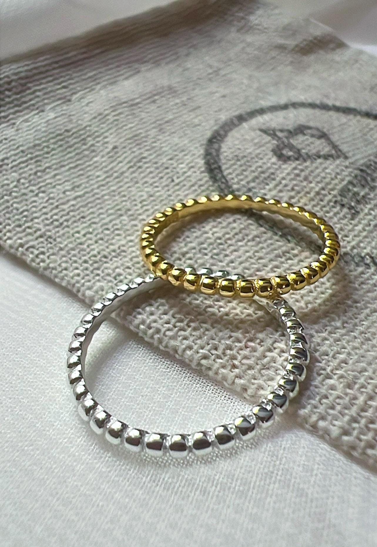 Gold Plated Beaded Stacking Ring, Sterling Silver Unisex Band,minimalist Jewelry,Thin Band,Beaded Wedding Band Thin Stacking Ring