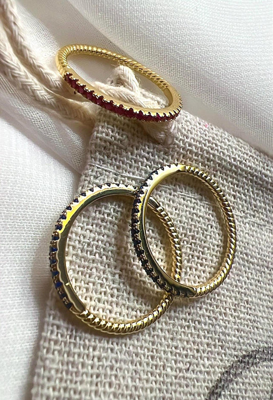 14K Gold Plated Gemstone Eternity Ring: Stackable Thin Band