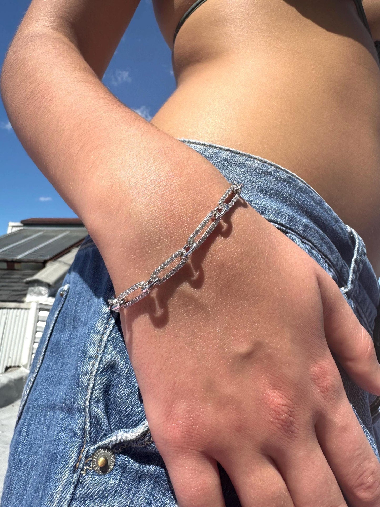Sterling Silver Paperclip Link Bracelet: Adjustable CZ Accent Chain,Tennis Bracelet, Everyday jewelry