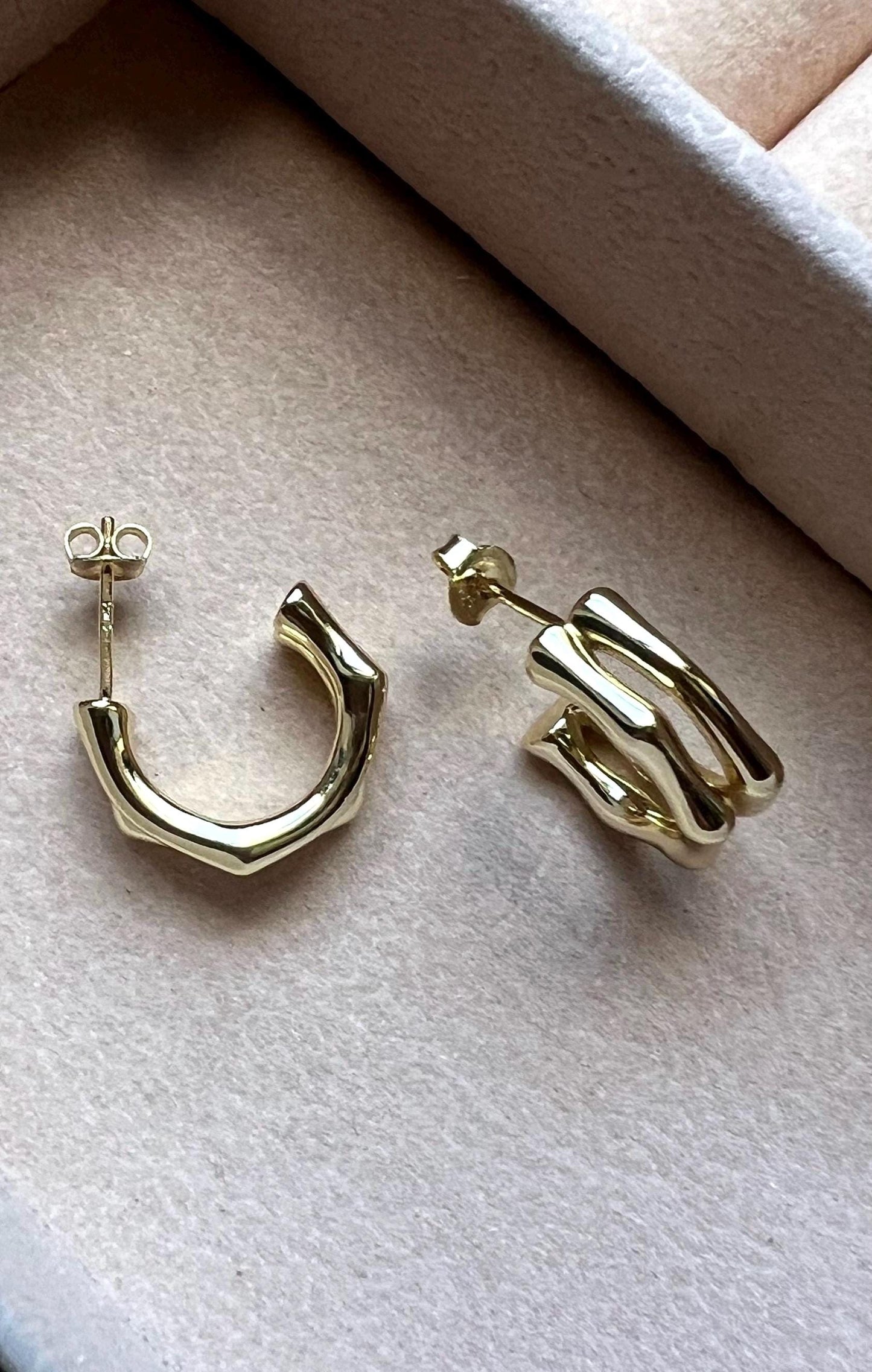 Gold Plated Bamboo Hoop Earrings, Chunky Statement Jewelry,Double Bamboo Gold Earrings,Minimalist Everyday Gift Jewelry,Open Hoop Earrings