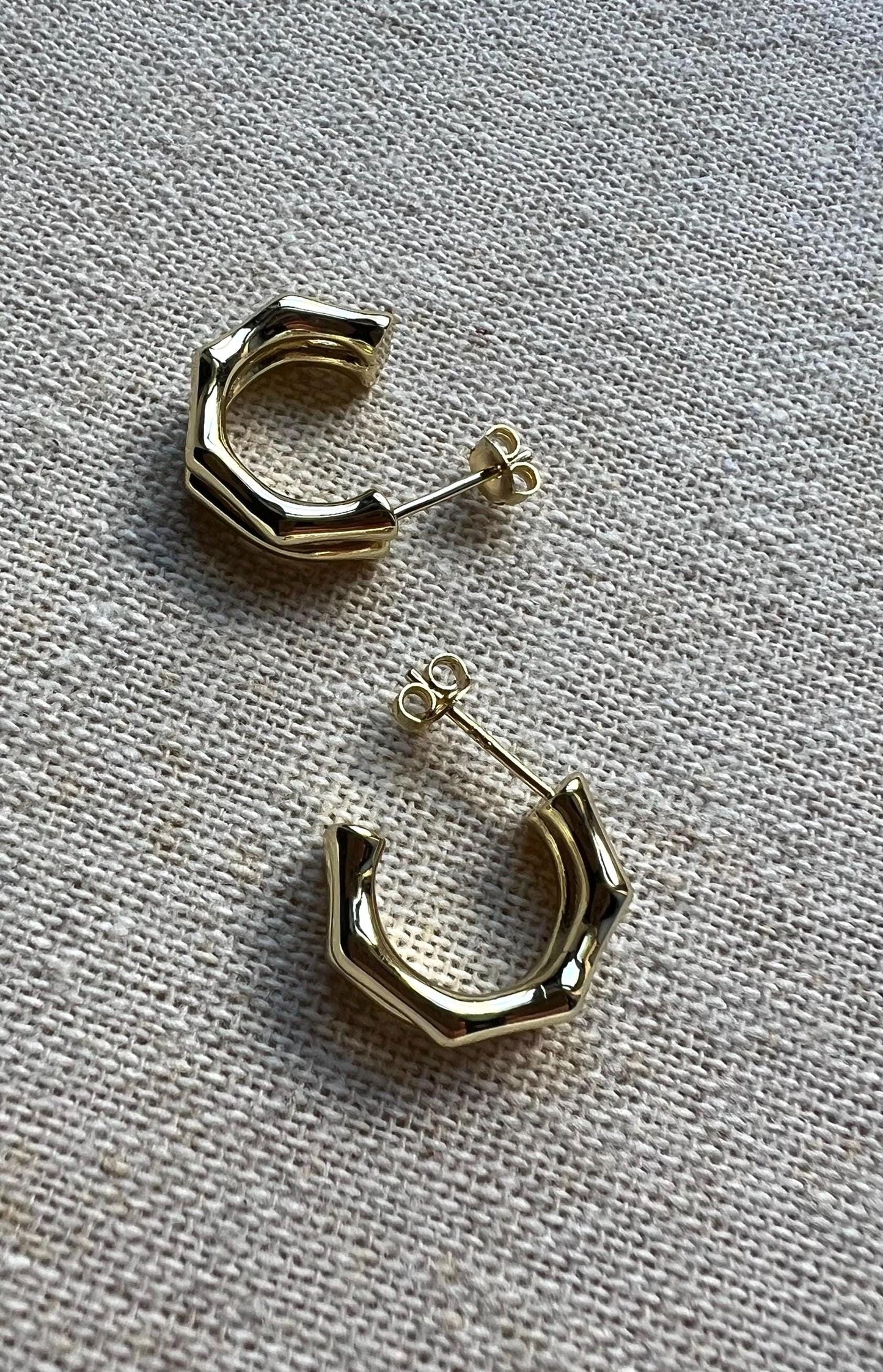 Gold Plated Bamboo Hoop Earrings, Chunky Statement Jewelry,Double Bamboo Gold Earrings,Minimalist Everyday Gift Jewelry,Open Hoop Earrings