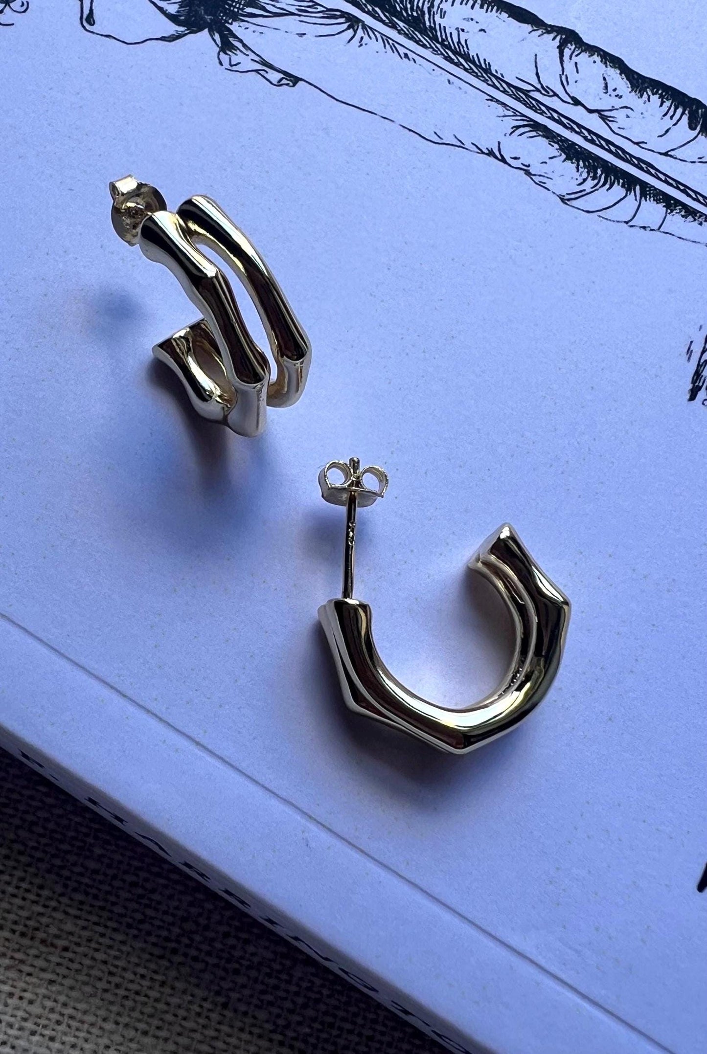 Gold Plated Bamboo Hoop Earrings, Chunky Statement Jewelry,Double Bamboo Gold Earrings,Minimalist Everyday Gift Jewelry,Open Hoop Earrings