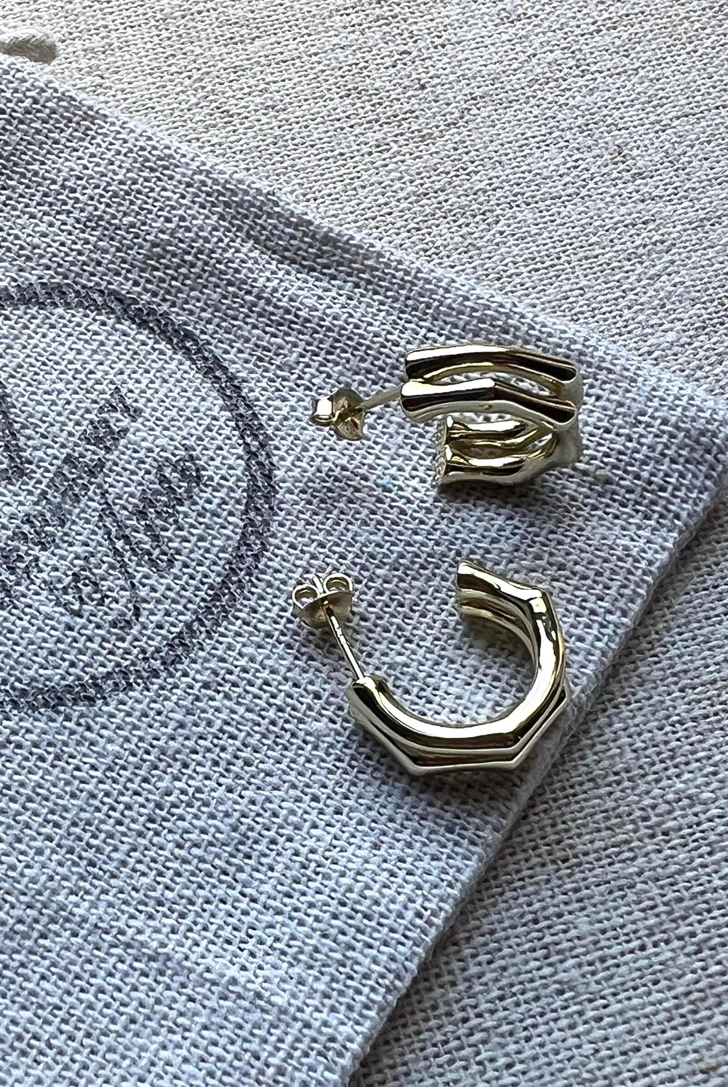 Gold Plated Bamboo Hoop Earrings, Chunky Statement Jewelry,Double Bamboo Gold Earrings,Minimalist Everyday Gift Jewelry,Open Hoop Earrings