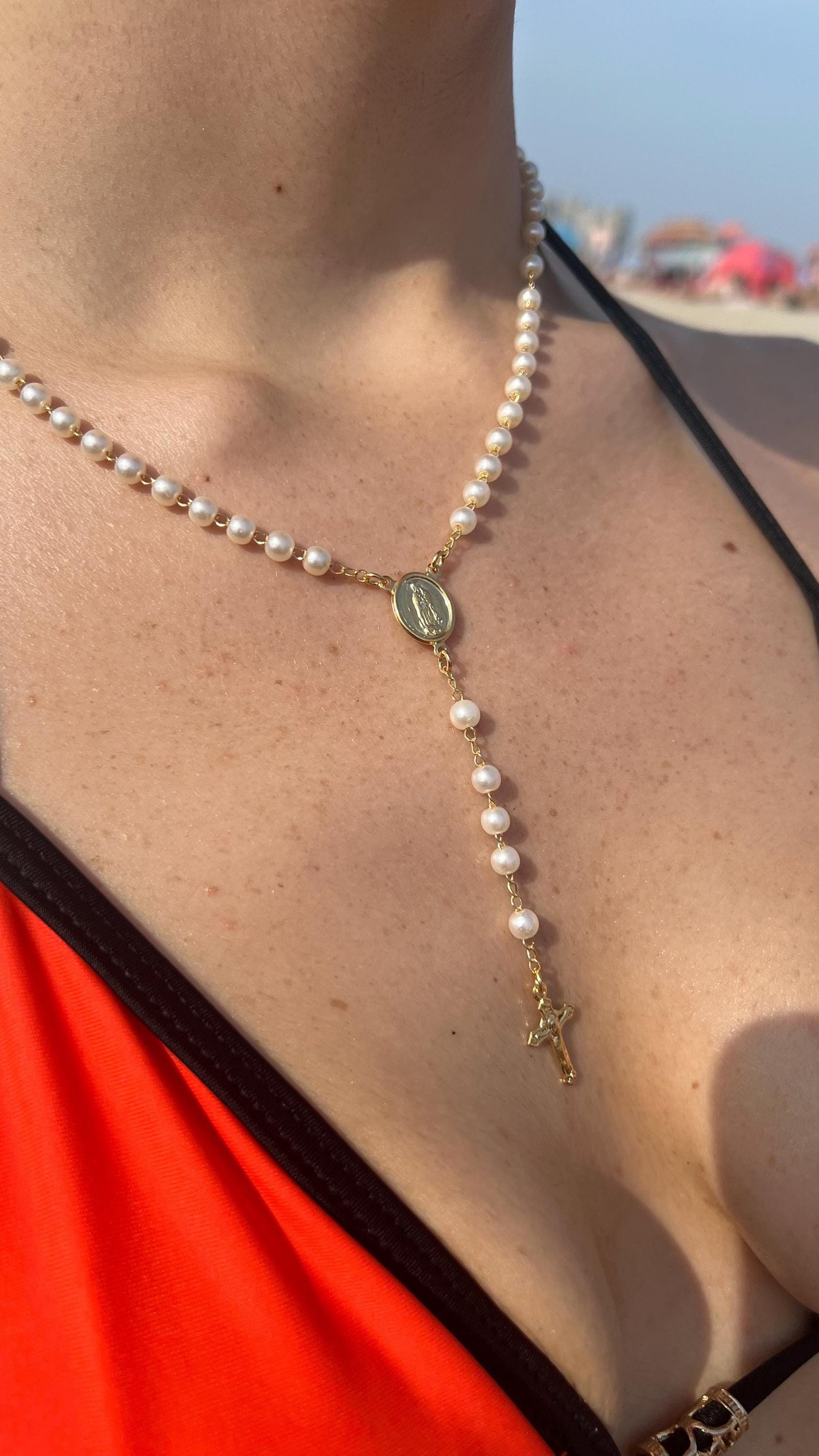 18k Gold Filled Pearl Rosary Necklace: Dainty Catholic Jewelry , Religious Jewelry
