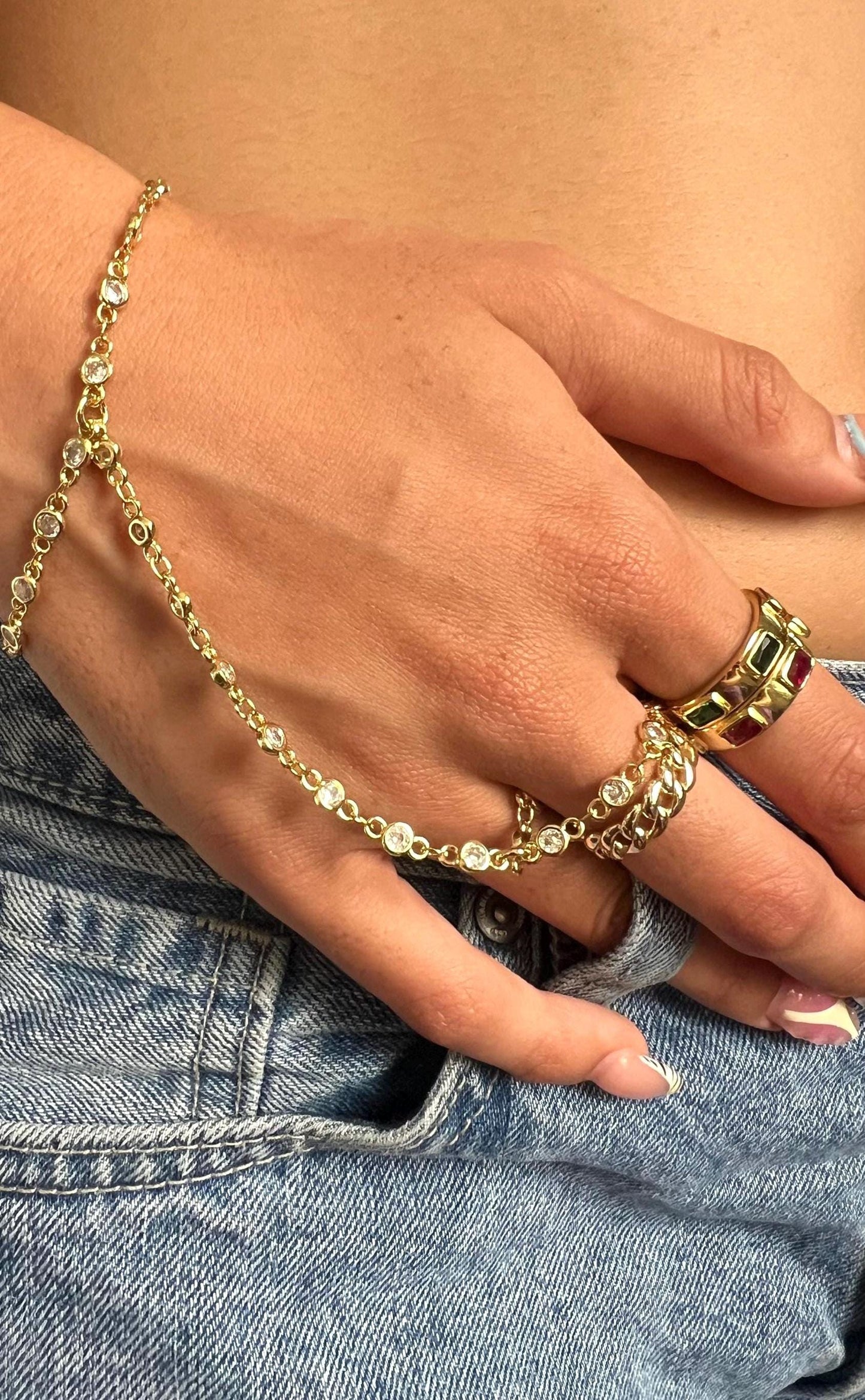 Gold hand chain , Ring bracelet hand chain gold , gold bracelet, hand chain , CZ adjustable hand chain ring Boho jewelry,gift for her