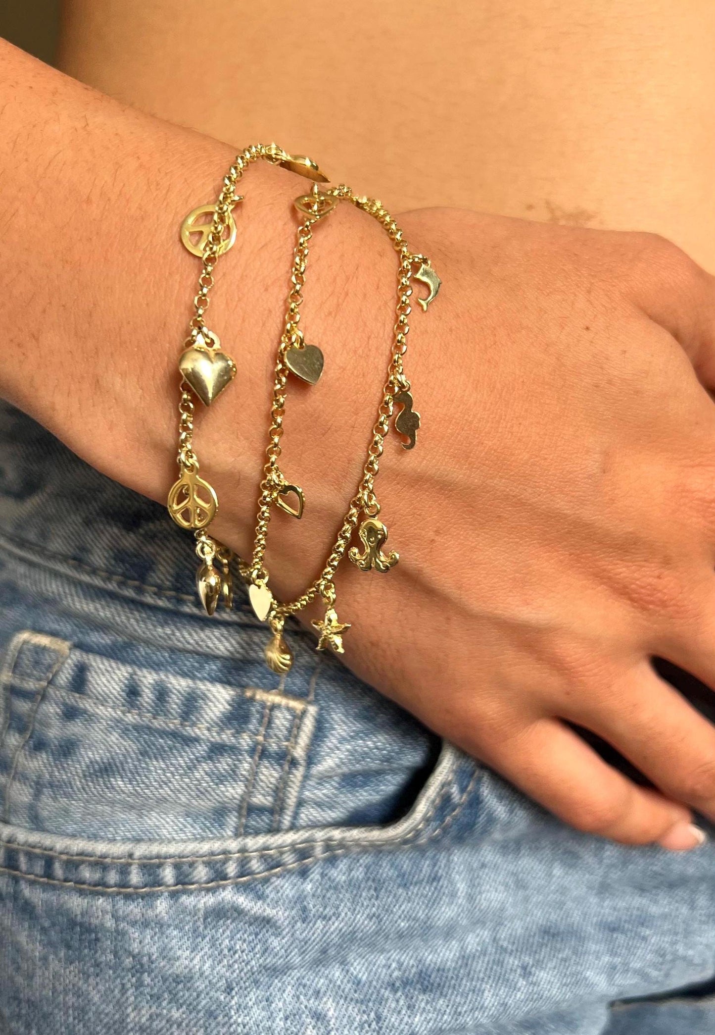 14K Gold Plated Heart Charm Bracelet: Dainty Rolo Link Jewelry