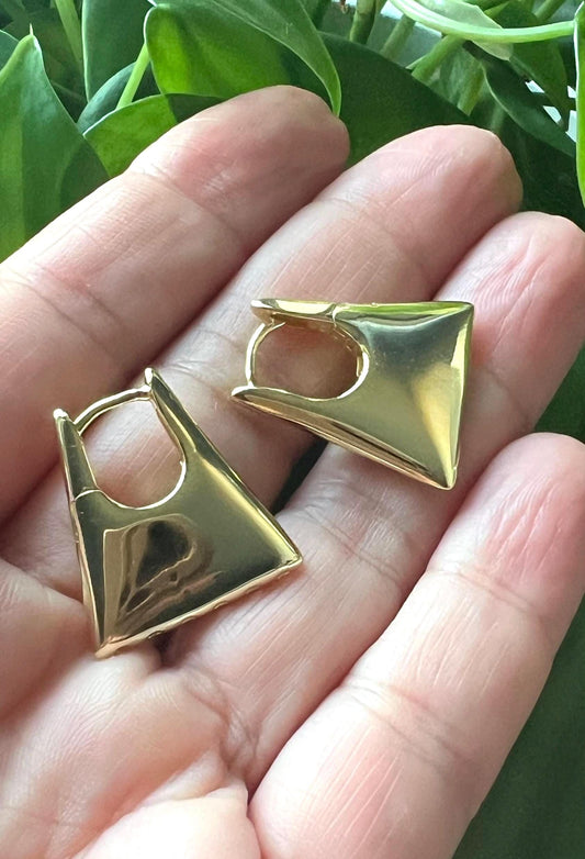 14K Gold Plated Triangular Hoop Earrings: Puffy Chunky Huggies