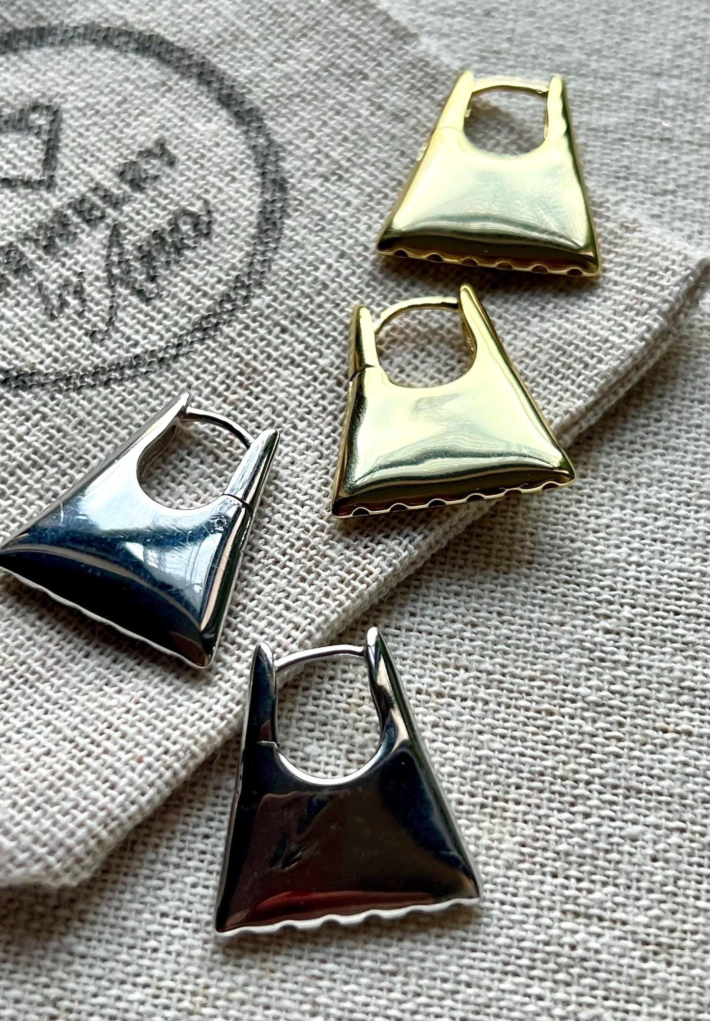14K Gold Plated Triangular Hoop Earrings: Puffy Chunky Huggies