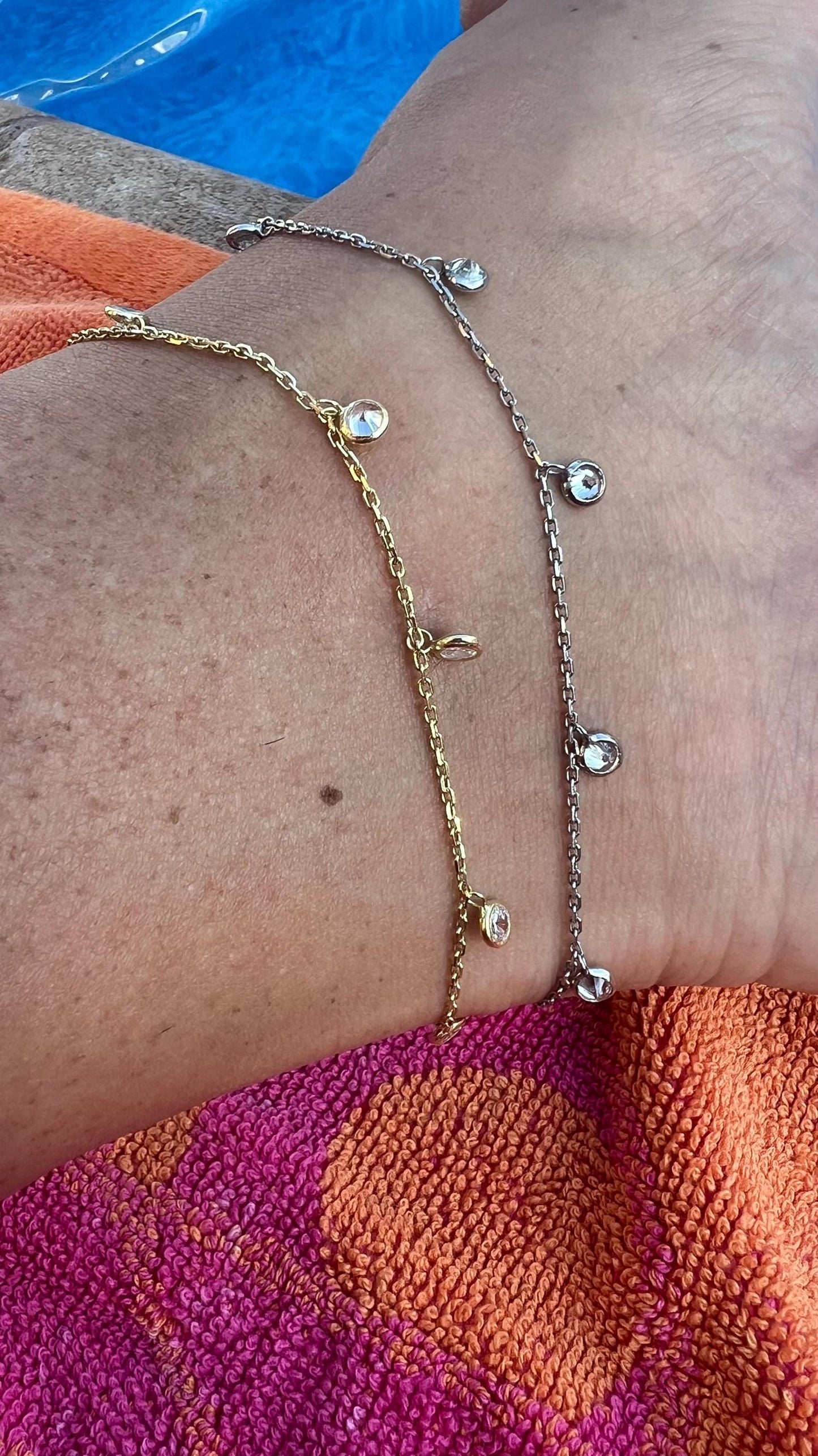 14K Gold Plated CZ Anklet: Dainty Crystal Sterling Silver Adjustable Beach Jewelry