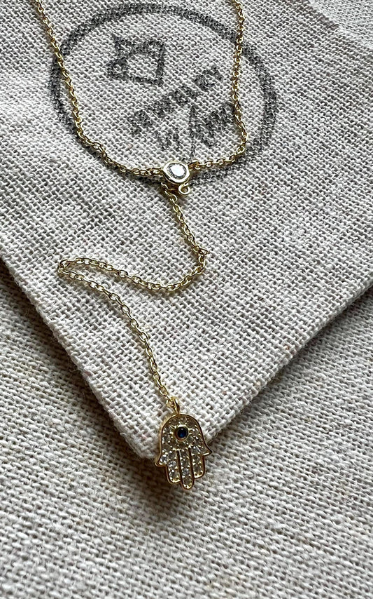 14K Gold-Plated Hamsa Lariat Necklace with Cubic Zirconia