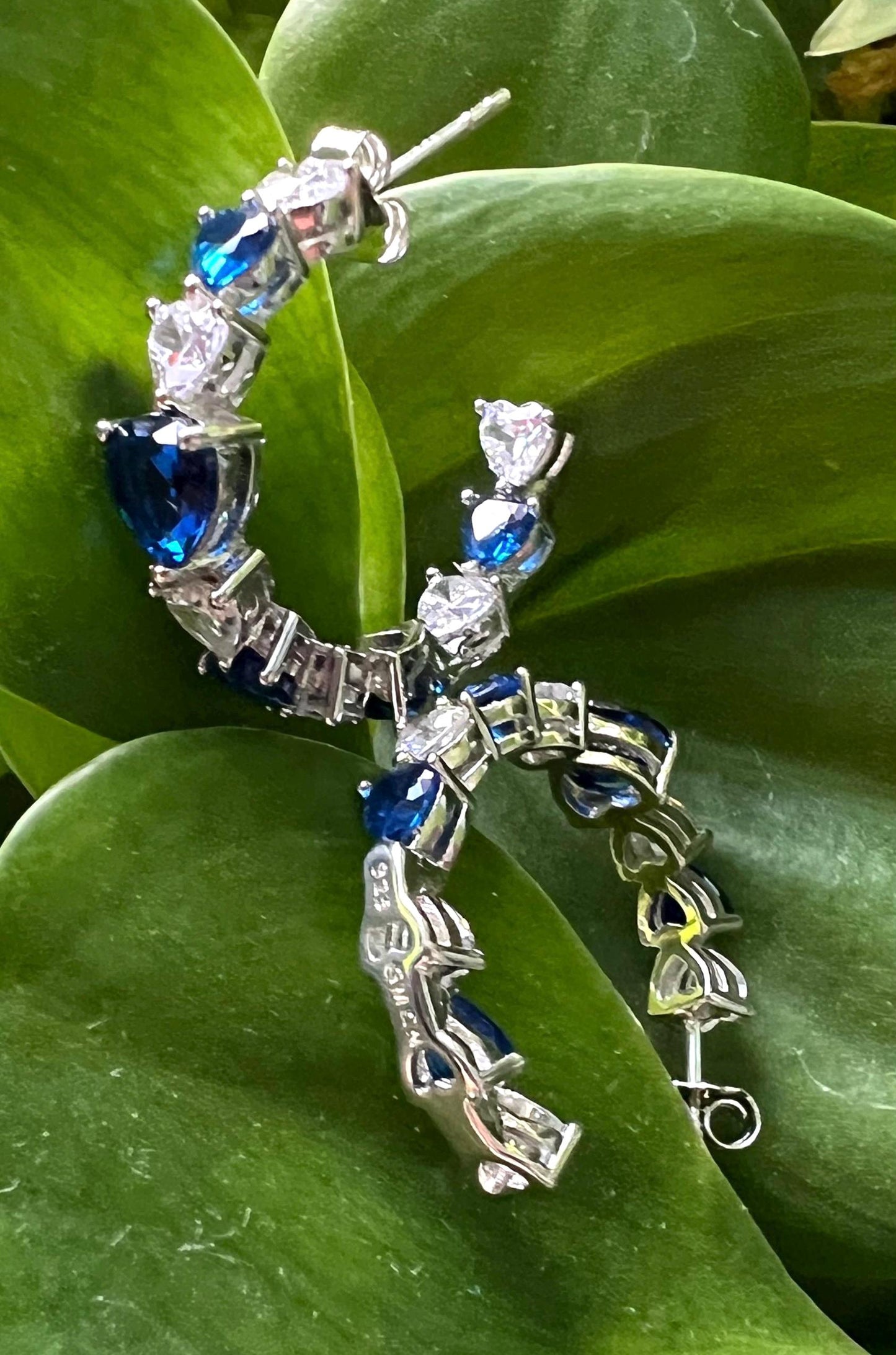 Sterling Silver Heart Hoop Earrings: Blue & Clear CZ Inside Out Design