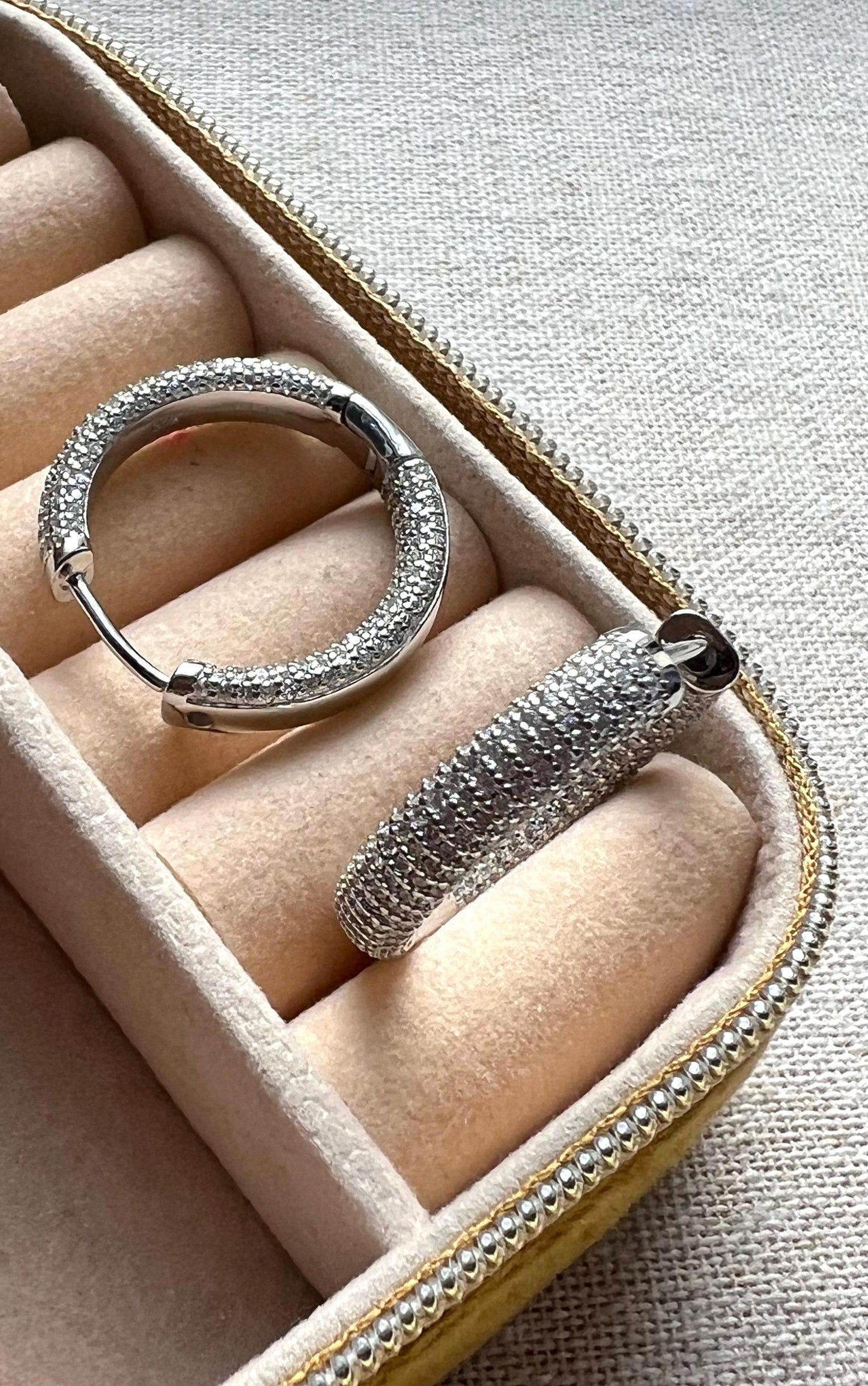 Sterling Silver CZ Hoop Earrings: Medium Thick Inside-Out Design,Pave Diamonique hoops , Stackable jewelry