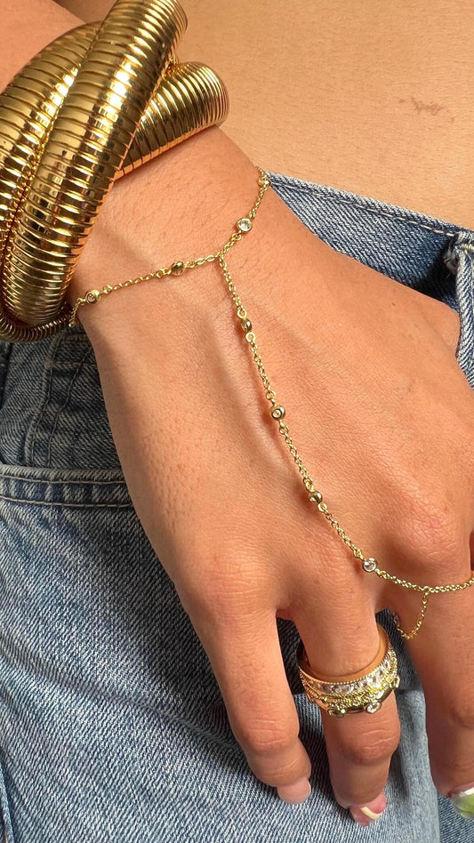 Gold Plated Sterling Silver Finger Bracelet: CZ Boho Hand Chain, Slave Bracelet ring