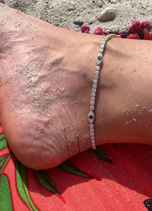 Gold Evil Eye Tennis Anklet: CZ Sterling Silver Summer Foot Jewelry, Ankle Bracelet