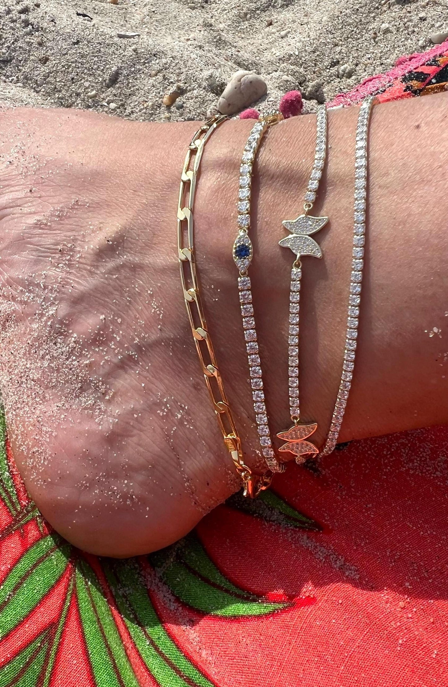Gold Evil Eye Tennis Anklet: CZ Sterling Silver Summer Foot Jewelry, Ankle Bracelet