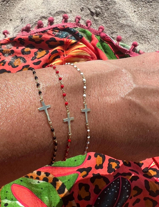 Gold Plated Beaded Cross Bracelet: Dainty Religious Jewelry