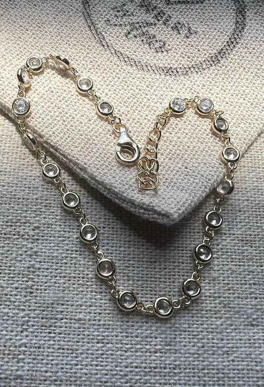 14K Gold Plated Cubic Zirconia Bracelet: Sterling Silver Diamond by yard bezel set bracelet for women,Bridal Jewelry,Anniversary Jewelry