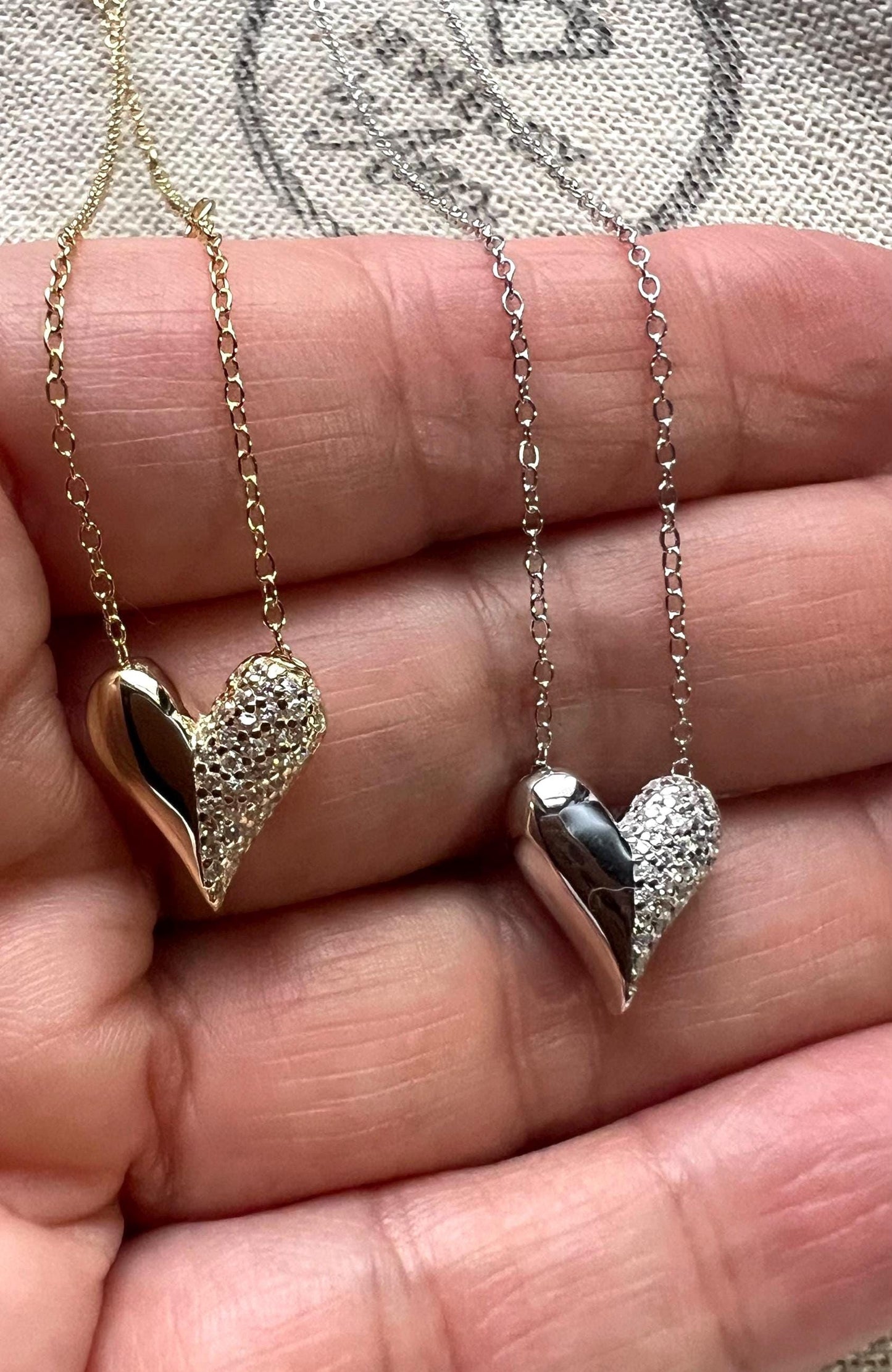 Gold Puffed Heart Necklace: Sterling Silver CZ Charm,Pave heart pendant,Minimalist Jewelry