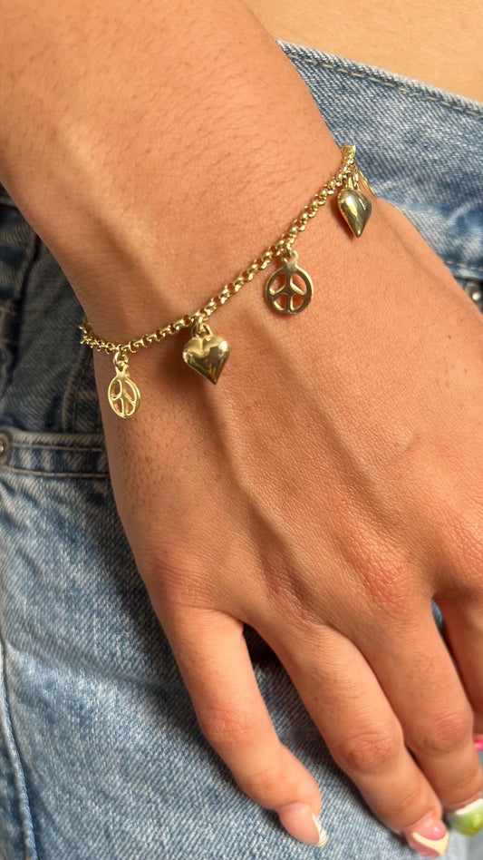 14K Gold Plated Heart & Peace Charm Bracelet: Sterling Silver Layering Jewelry