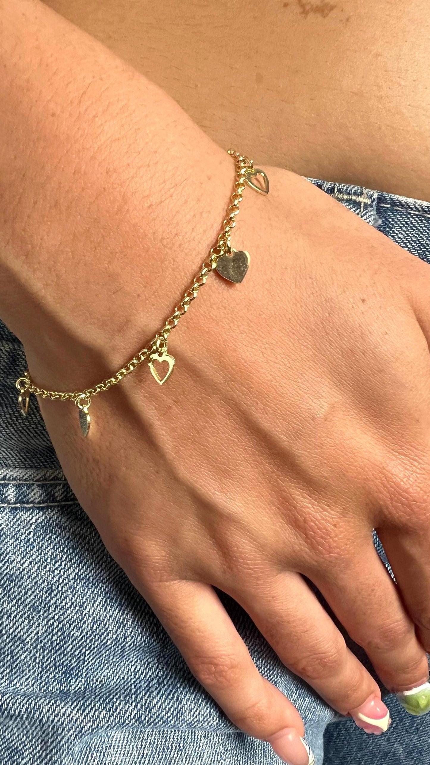14K Gold Plated Heart Charm Bracelet: Dainty Rolo Link Jewelry