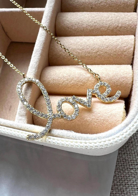 Gold Plated Love Script Necklace: Cubic Zirconia Accent
