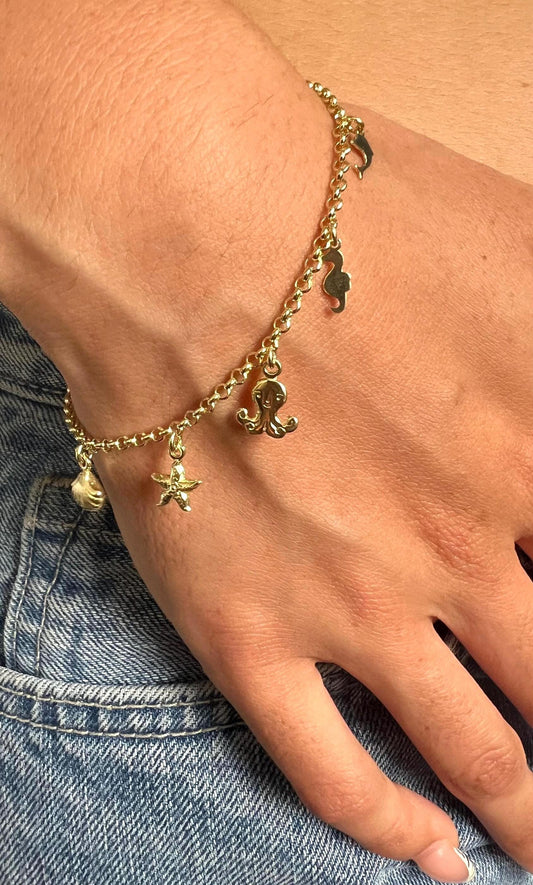 Gold Charm Bracelet Ocean Charm Bracelet,Beach Charm Bracelet Sea Shell Bracelet,Gold Chain Bracelet,Starfish Bracelet,Beach Jewelry
