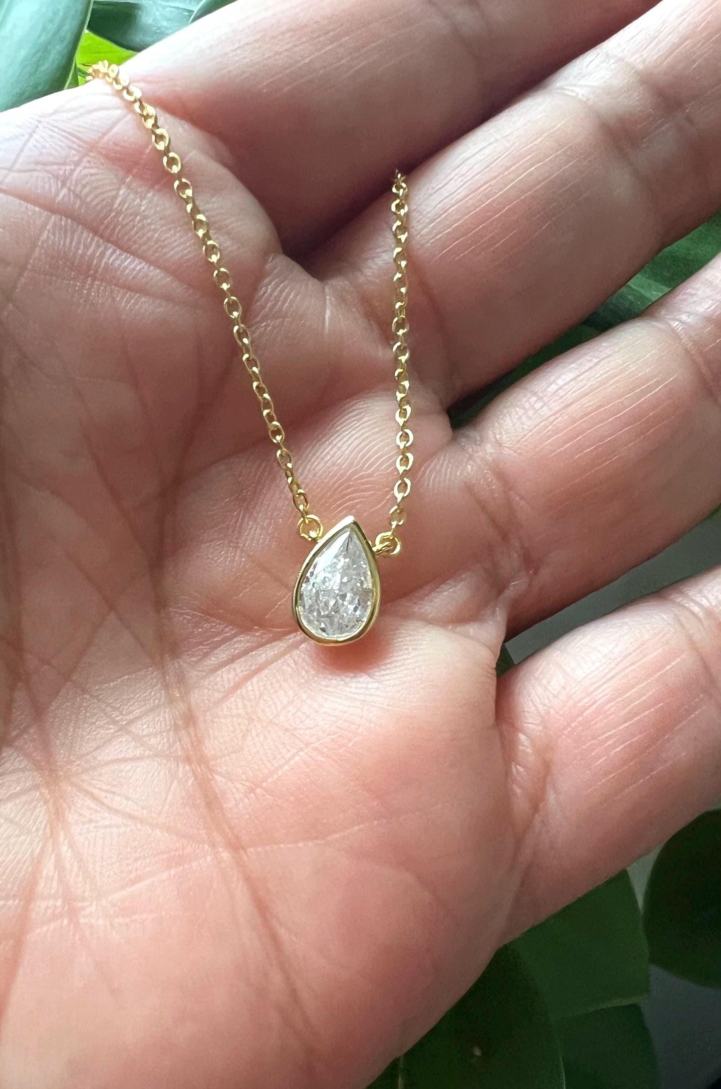 Gold Pear Solitaire Necklace: 14K Plated Sterling Silver CZ Pendant