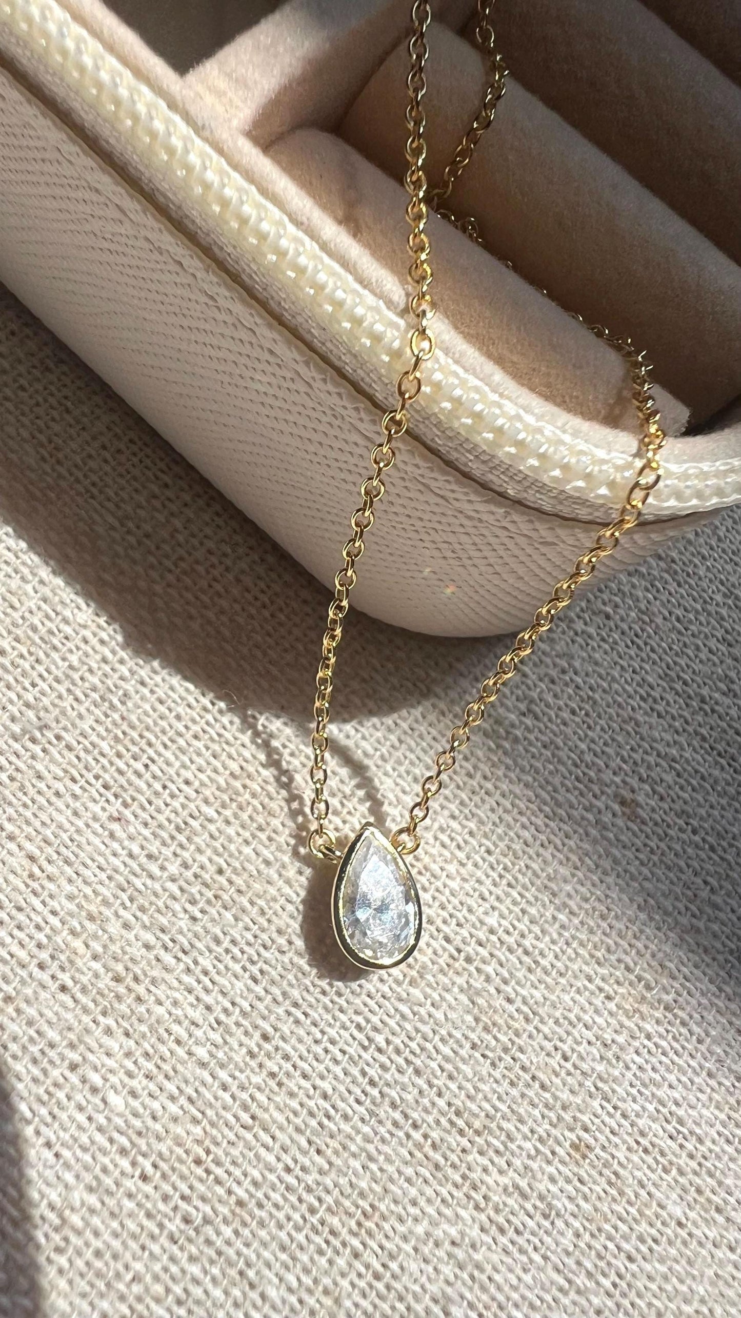 Gold Pear Solitaire Necklace: 14K Plated Sterling Silver CZ Pendant