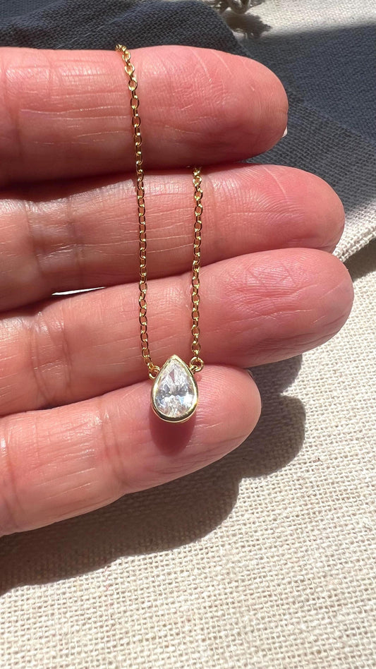 Gold Pear Solitaire Necklace: 14K Plated Sterling Silver CZ Pendant