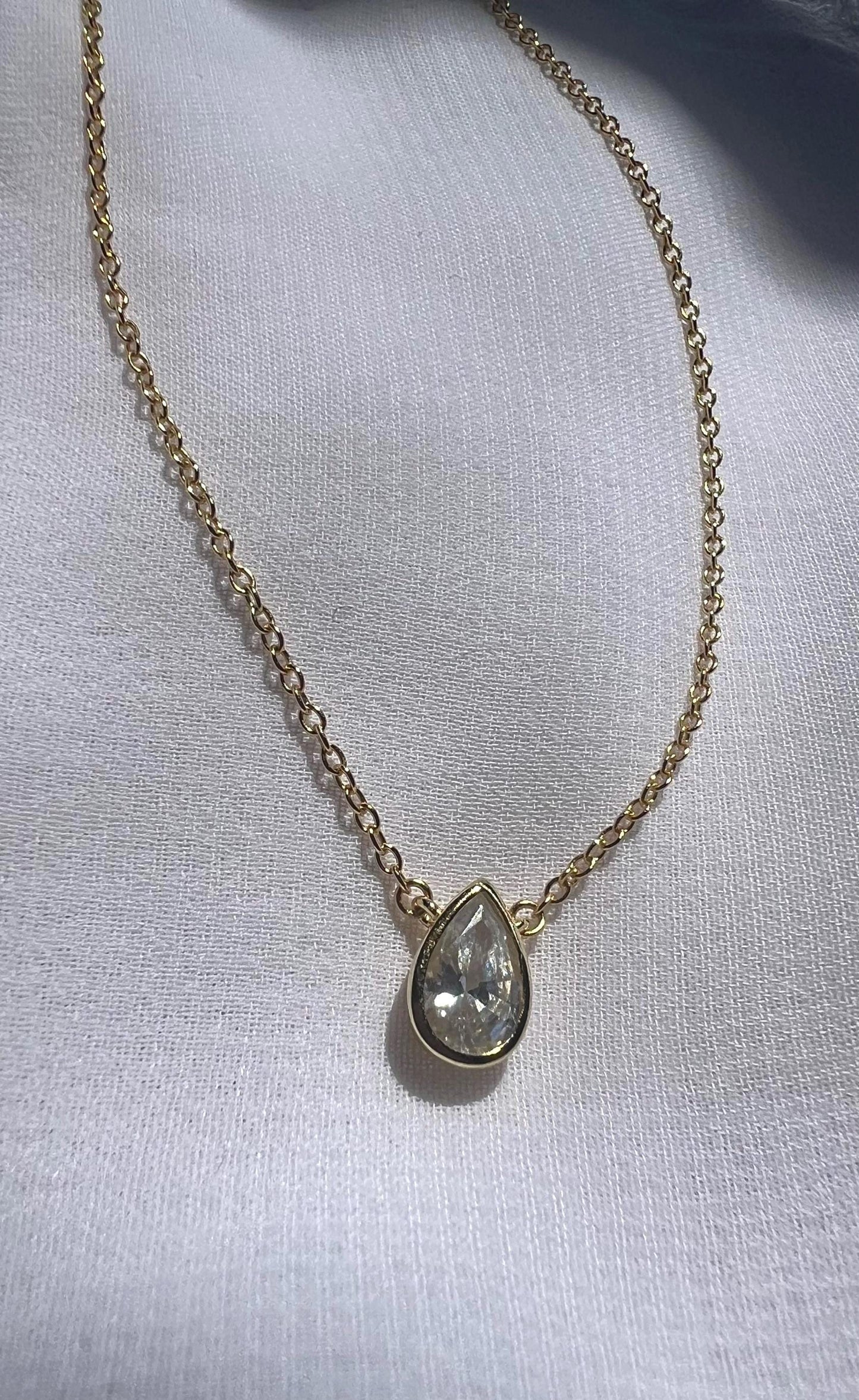 Gold Pear Solitaire Necklace: 14K Plated Sterling Silver CZ Pendant