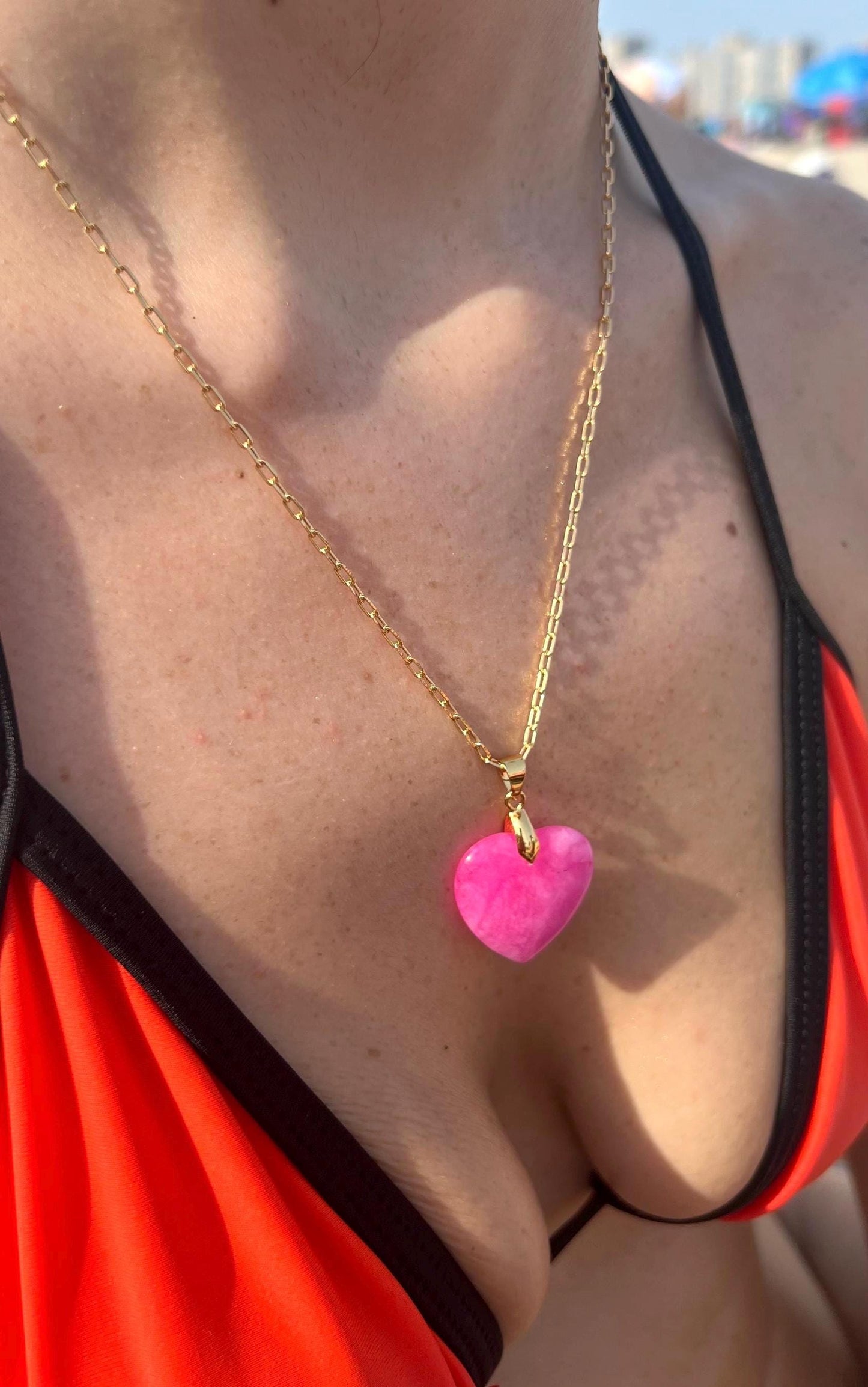 18K Gold Filled Pink Jade Heart Necklace: Dainty Boho Charm