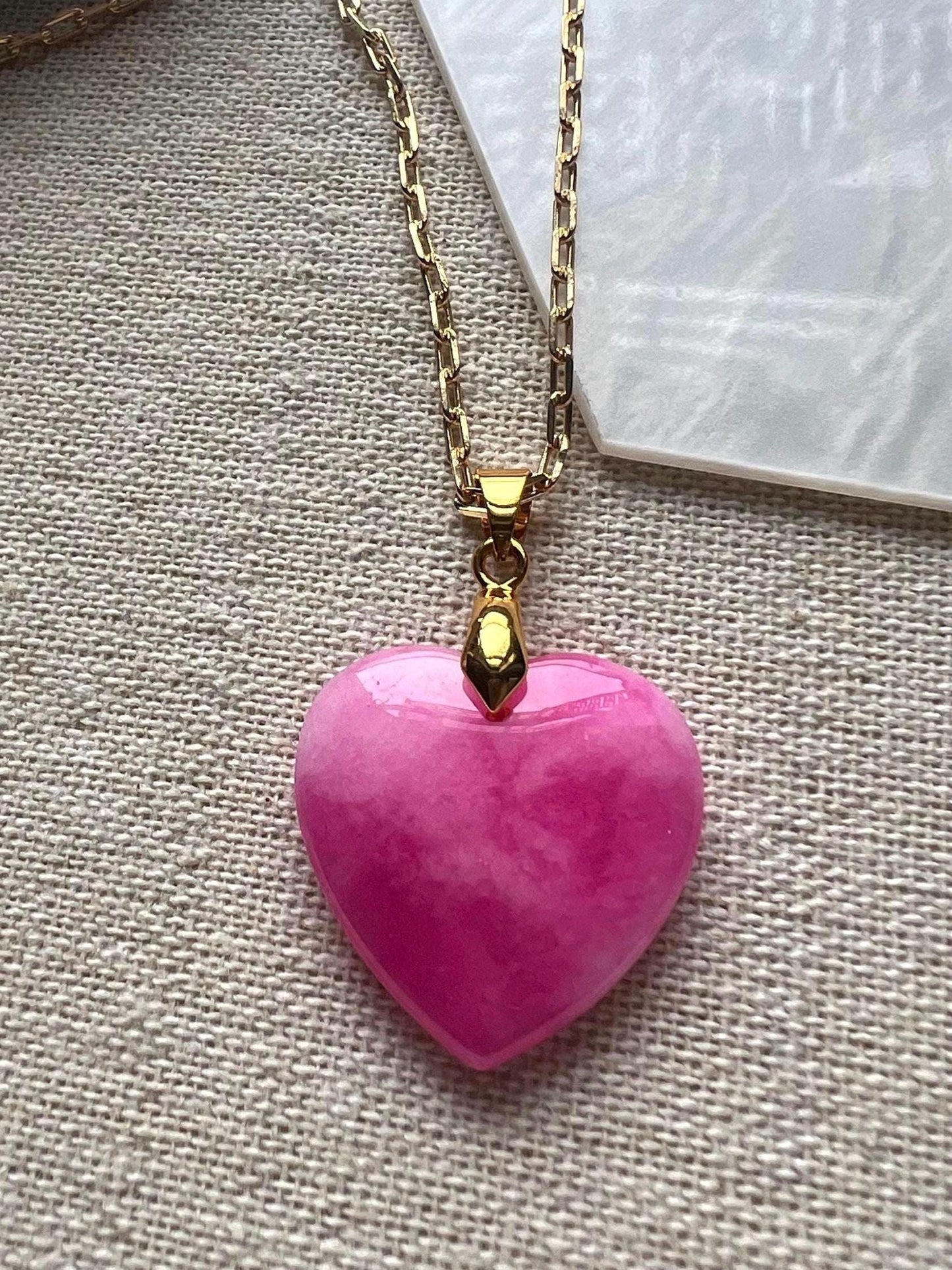 18K Gold Filled Pink Jade Heart Necklace: Dainty Boho Charm