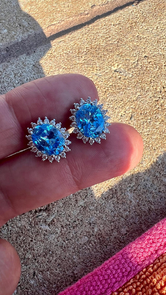 Sterling Silver Oval Blue CZ Stud Earrings: Halo Gemstone Jewelry