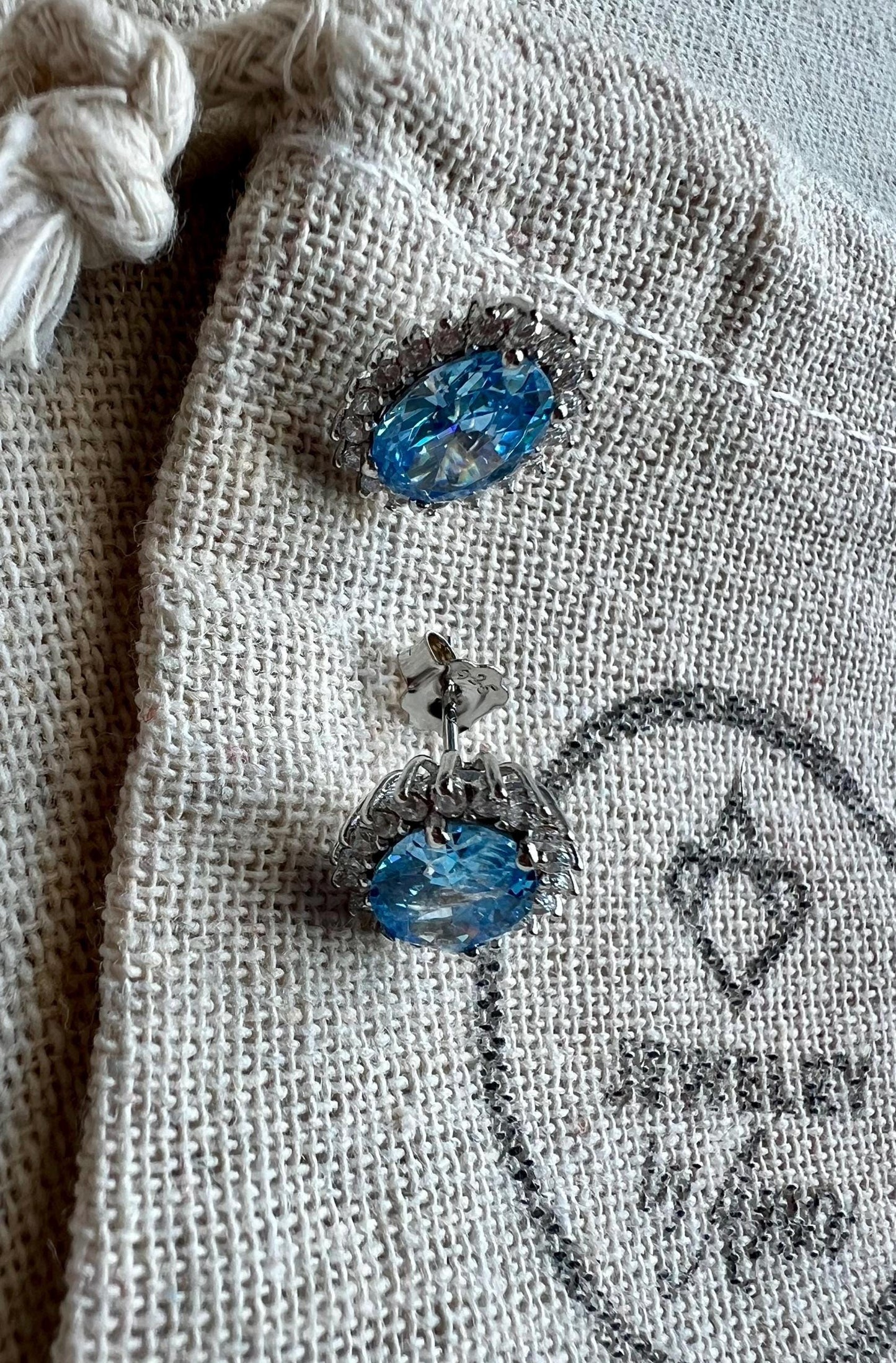 Sterling Silver Oval Blue CZ Stud Earrings: Halo Gemstone Jewelry