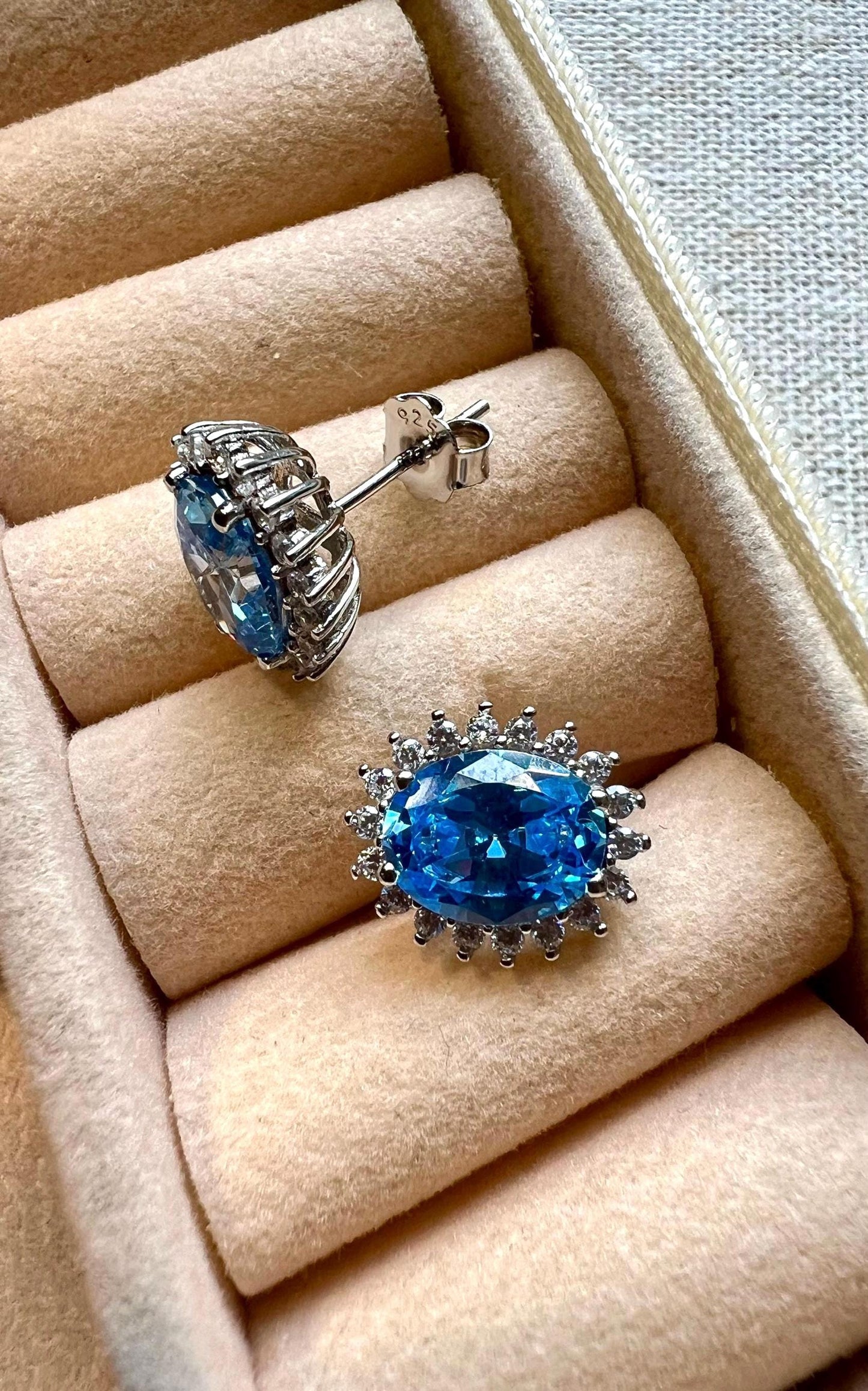 Sterling Silver Oval Blue CZ Stud Earrings: Halo Gemstone Jewelry