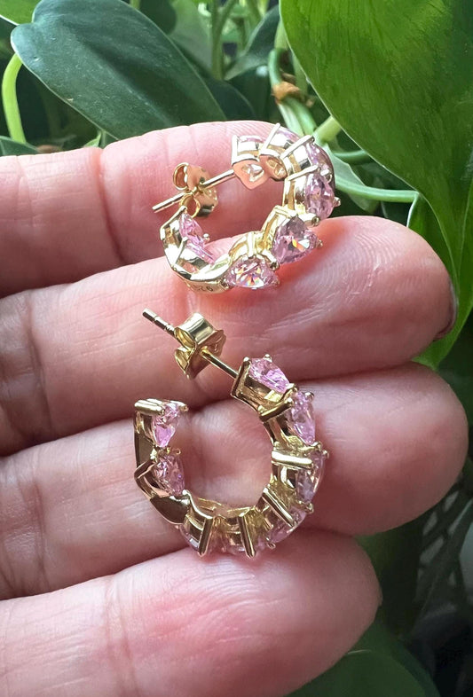 14 K gold plated Pink Heart Cubic Zirconia Hoop Earrings,tiny gold hoop earrings,dainty push back small huggies,romantic gift Trendy jewelry