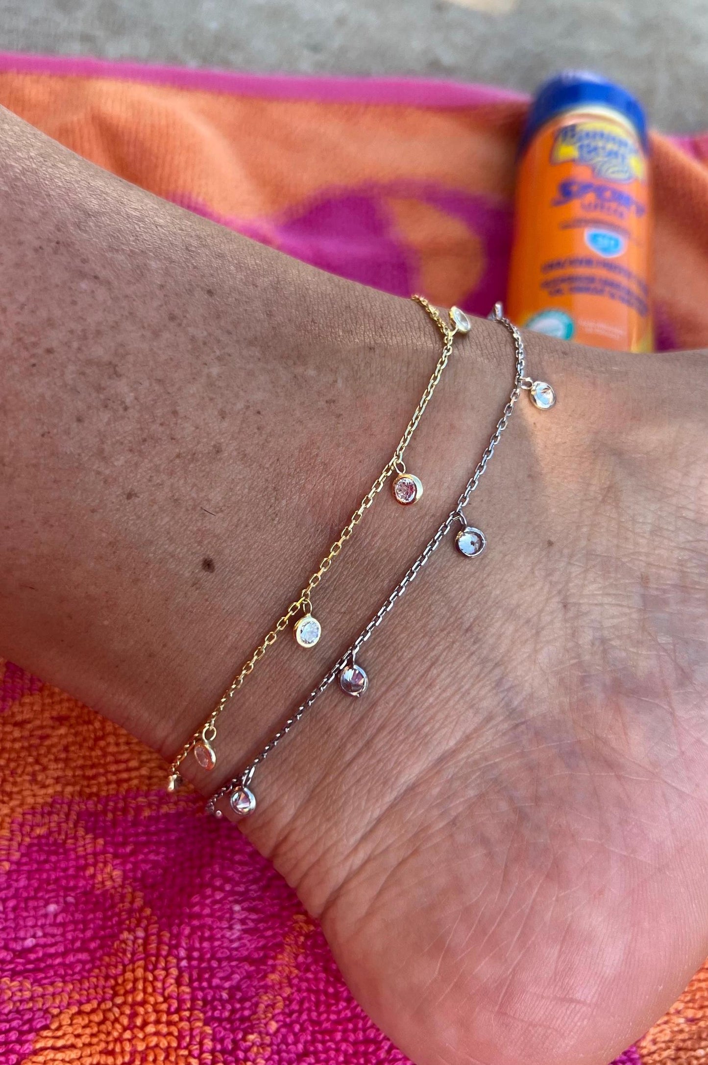 14K Gold Plated CZ Anklet: Dainty Crystal Sterling Silver Adjustable Beach Jewelry