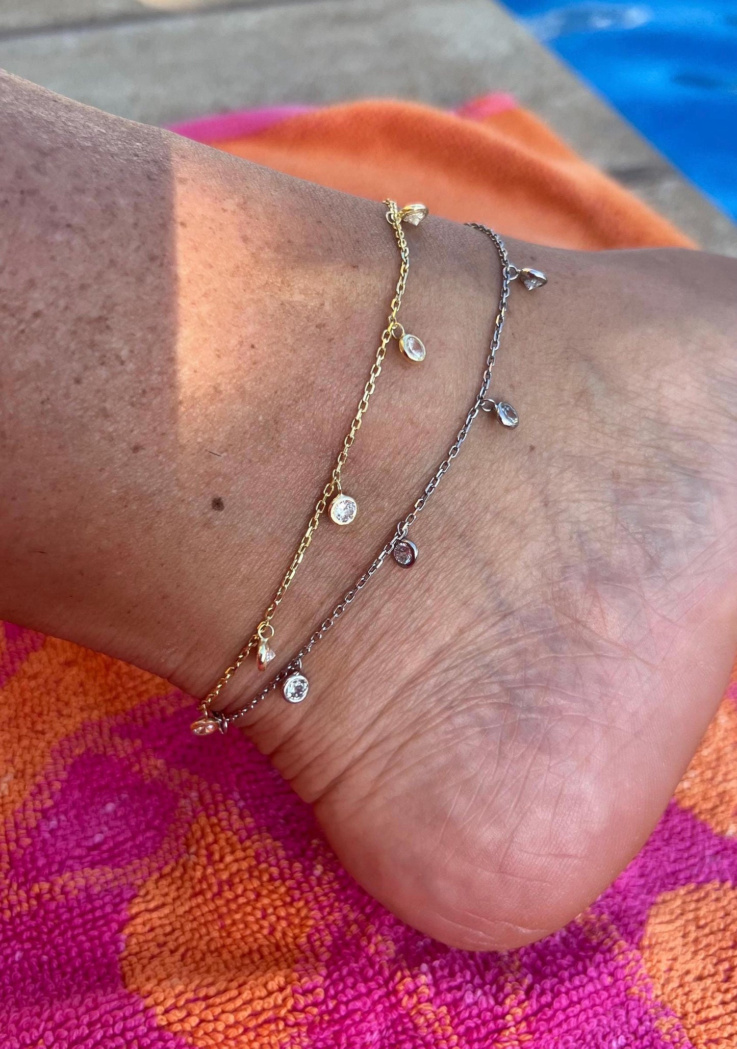 14K Gold Plated CZ Anklet: Dainty Crystal Sterling Silver Adjustable Beach Jewelry