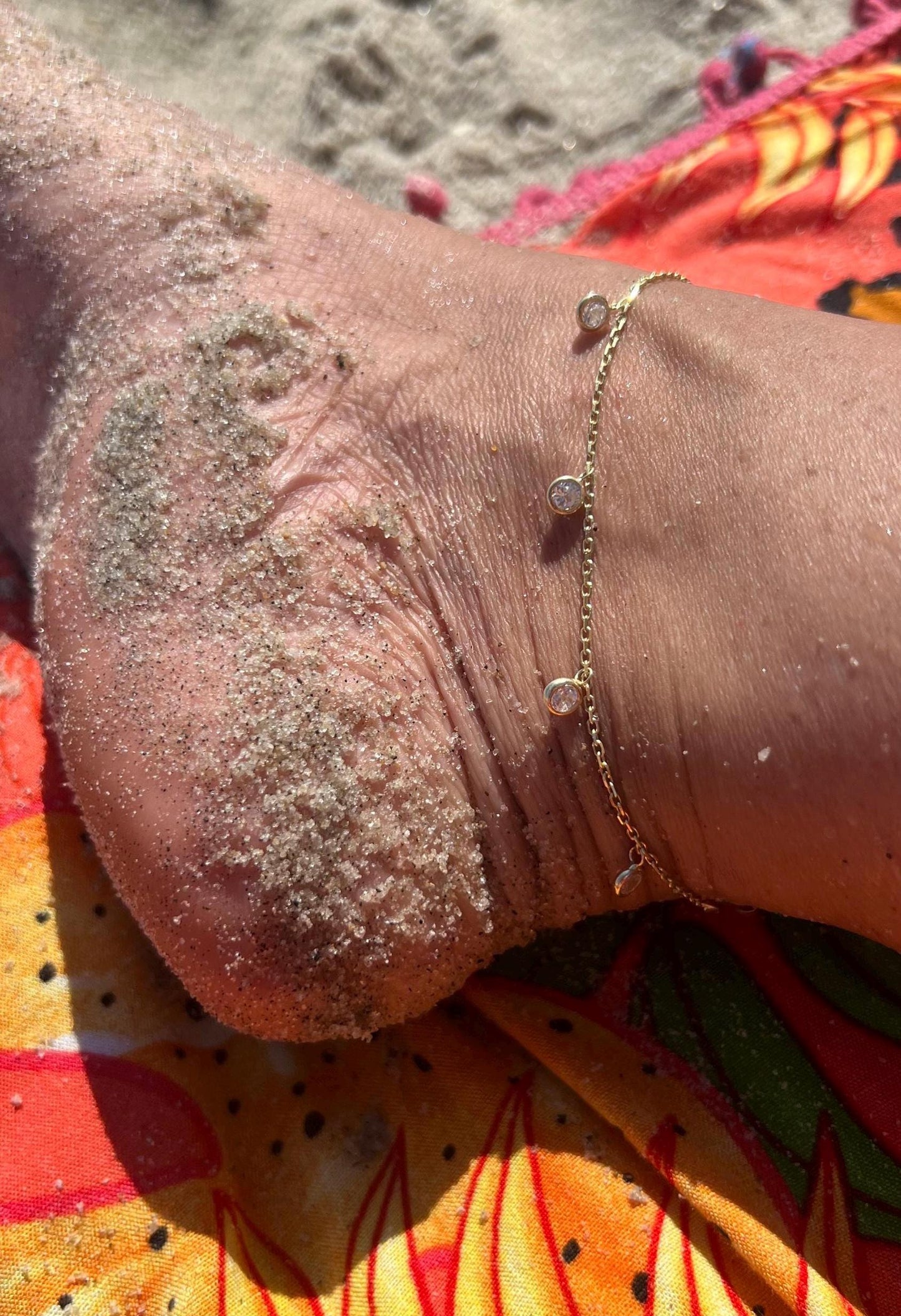 14K Gold Plated CZ Anklet: Dainty Crystal Sterling Silver Adjustable Beach Jewelry