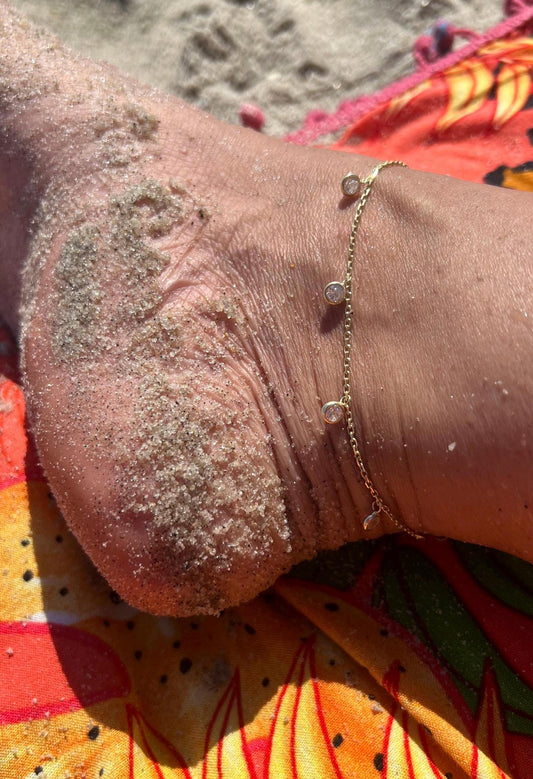 14K Gold Plated CZ Anklet: Dainty Crystal Sterling Silver Adjustable Beach Jewelry