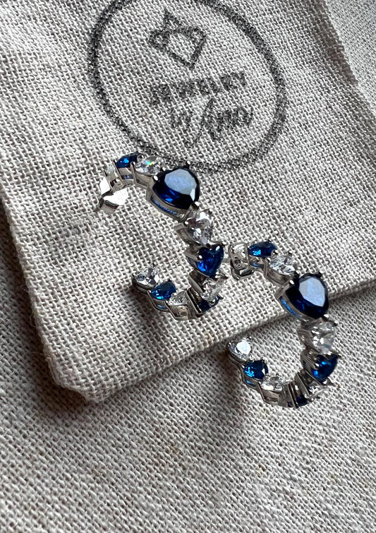 Sterling Silver Heart Hoop Earrings: Blue & Clear CZ Inside Out Design