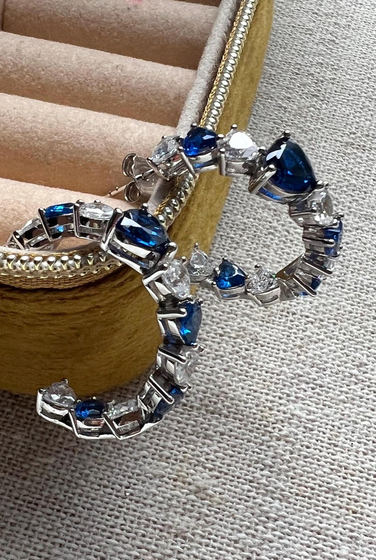 Sterling Silver Heart Hoop Earrings: Blue & Clear CZ Inside Out Design