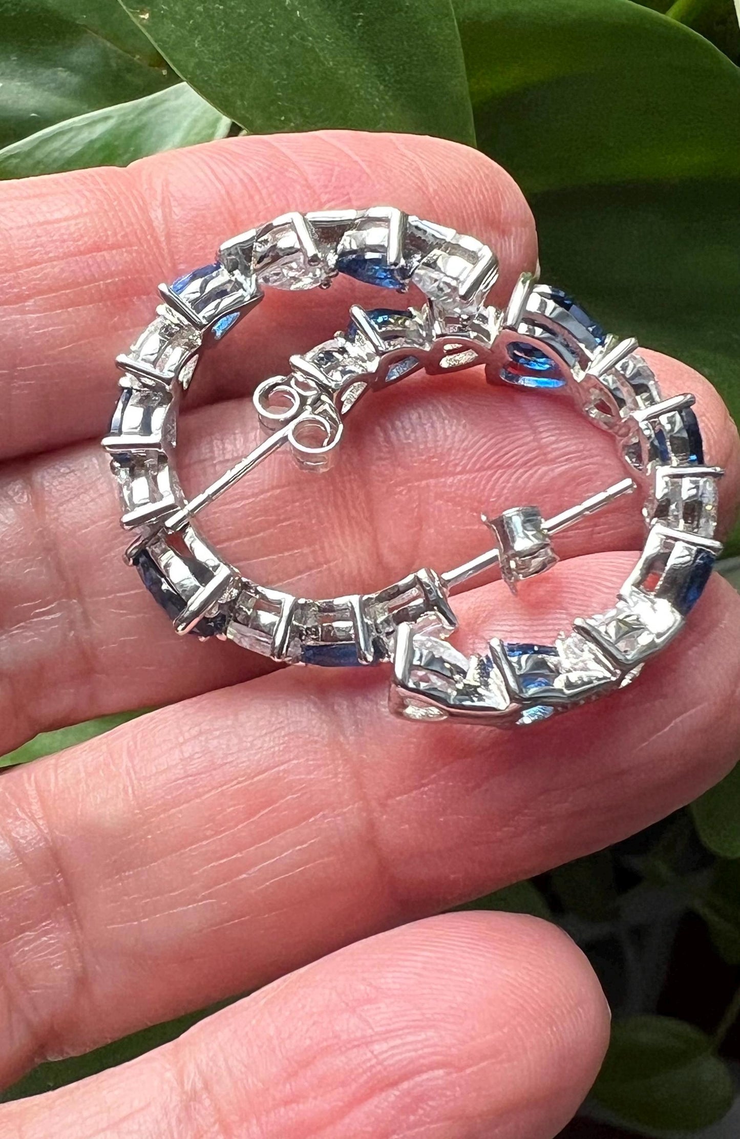 Sterling Silver Heart Hoop Earrings: Blue & Clear CZ Inside Out Design